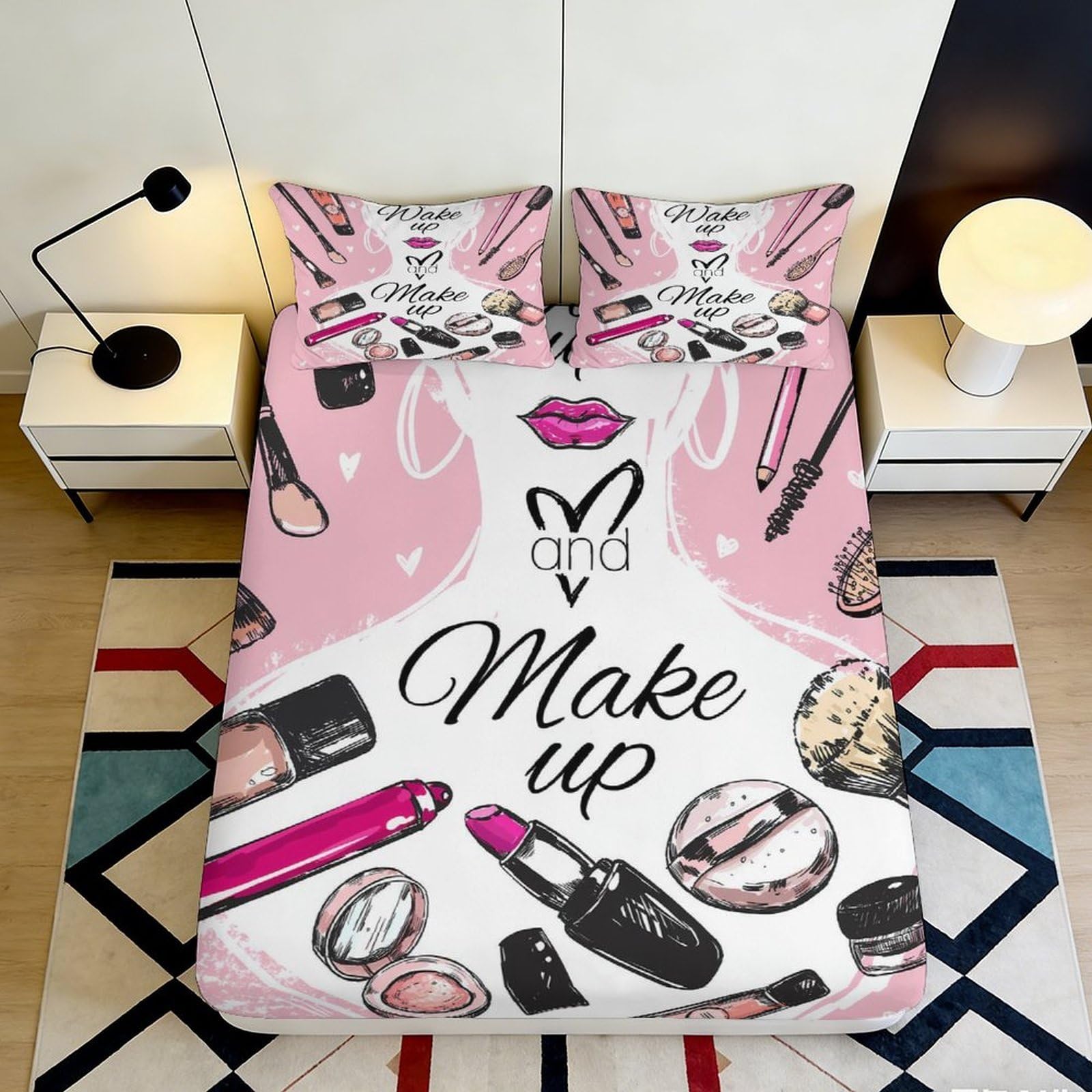 3D Printed Makeup Illustration Fitted Sheet Microfiber Pink Lipstick Bed Cover for Bedroom Dorm Easy Care 90x200x25cm