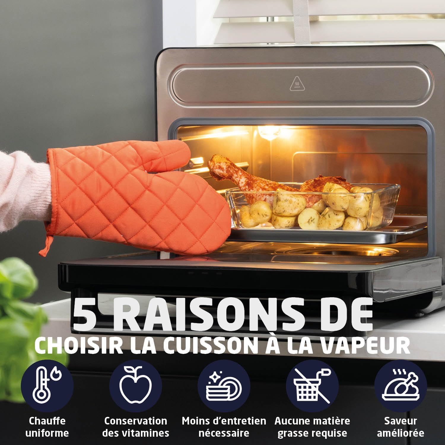 Hand with oven mitt removing food from BREND BR-2234 oven, illustrating benefits of steam cooking