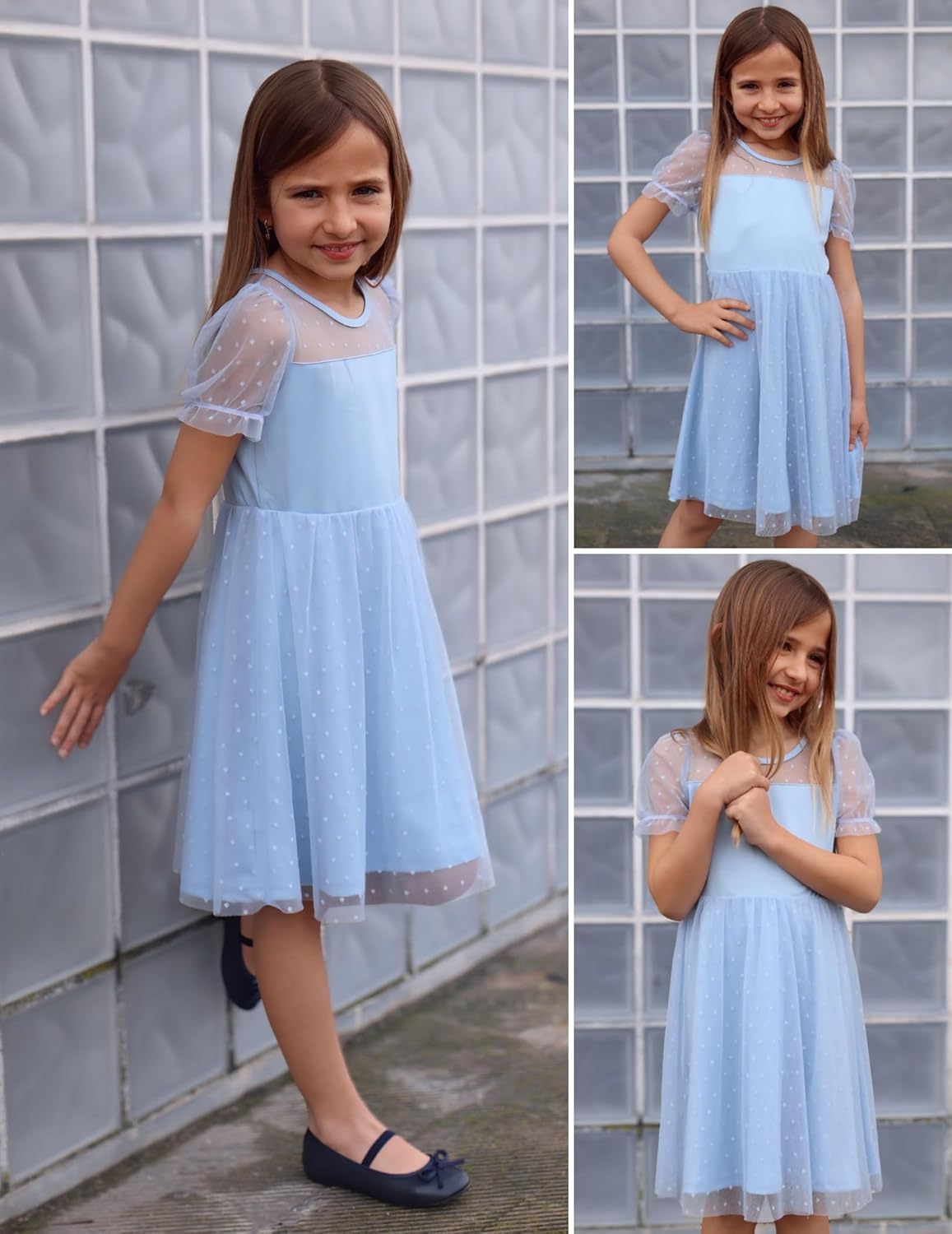 Arshiner Girls Dress Contrast Mesh Puffy Short Sleeve A Line Casual Party Dress 3-12 Years - Image 4