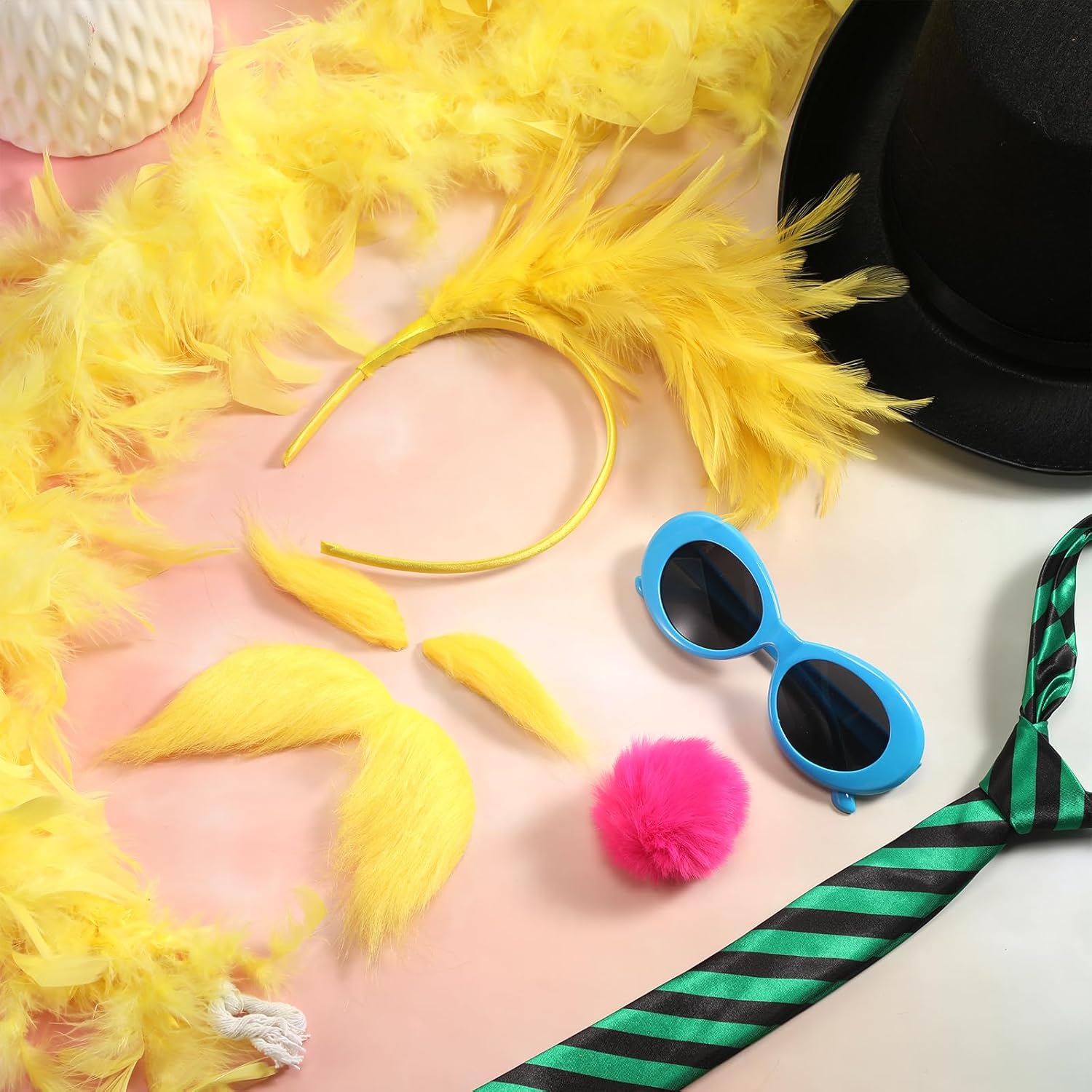 JenPen 9 Pcs Halloween Couple Costume Accessories Included Black Hat Yellow Headband Feather Boa Yellow Mustache Eyebrows Blue Glasses for Mustache Book Character Cosplay - Image 7