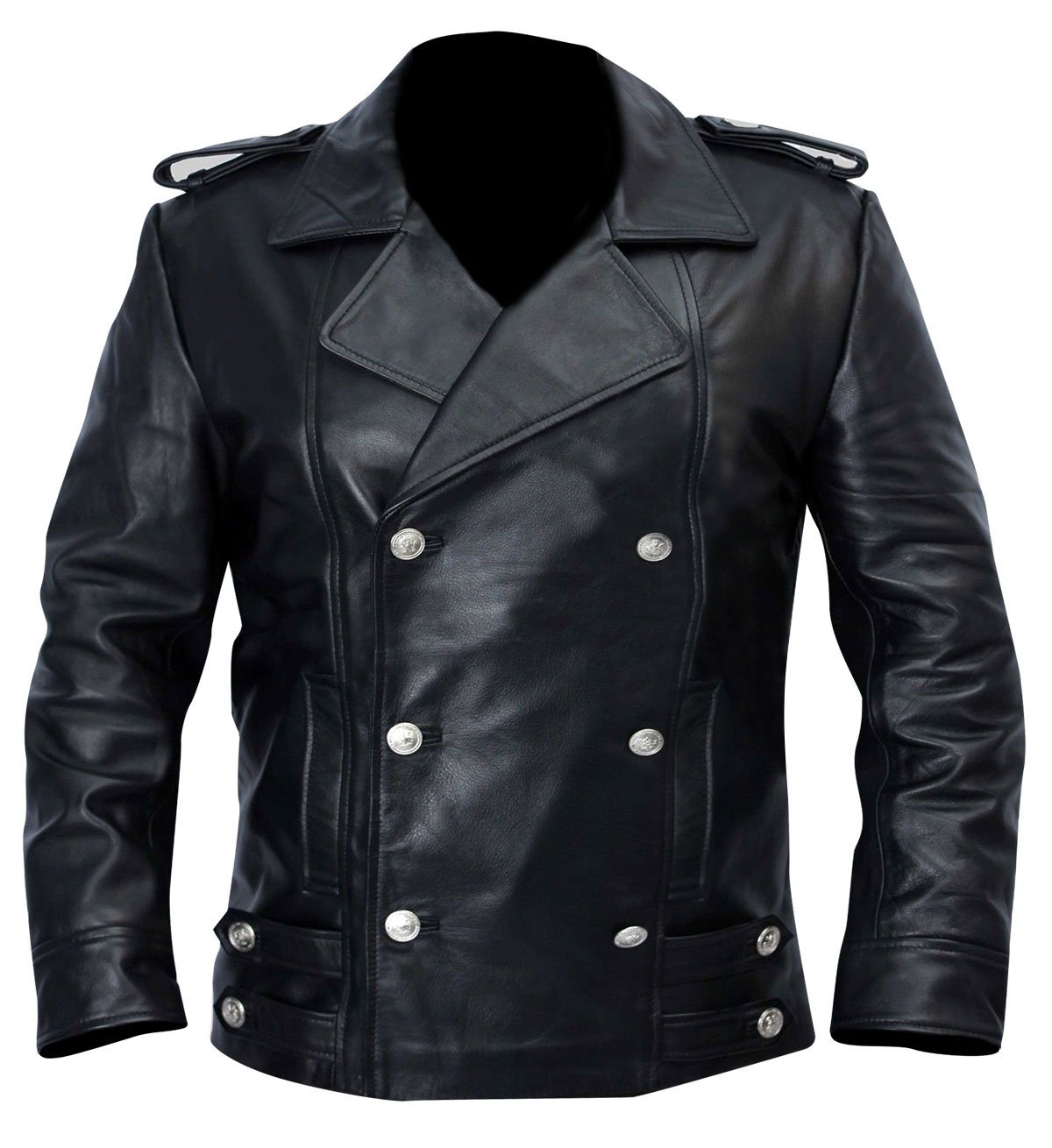 Fashion_First German WW2 Naval Military Uniform Leather Trench Coat Mens German Officer Jacket Cowhide Genuine Black Leather Biker Jacket