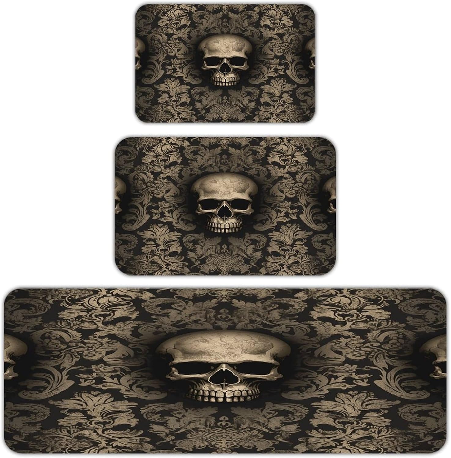 Gothic Wallpaper Skull Kitchen Mat Set of 3 Waterproof Floor Mats Non-Slip Kitchen Rugs Premium Flannel Rug Heavy Duty Standing Mat for Kitchen Home Bathroom Laundry