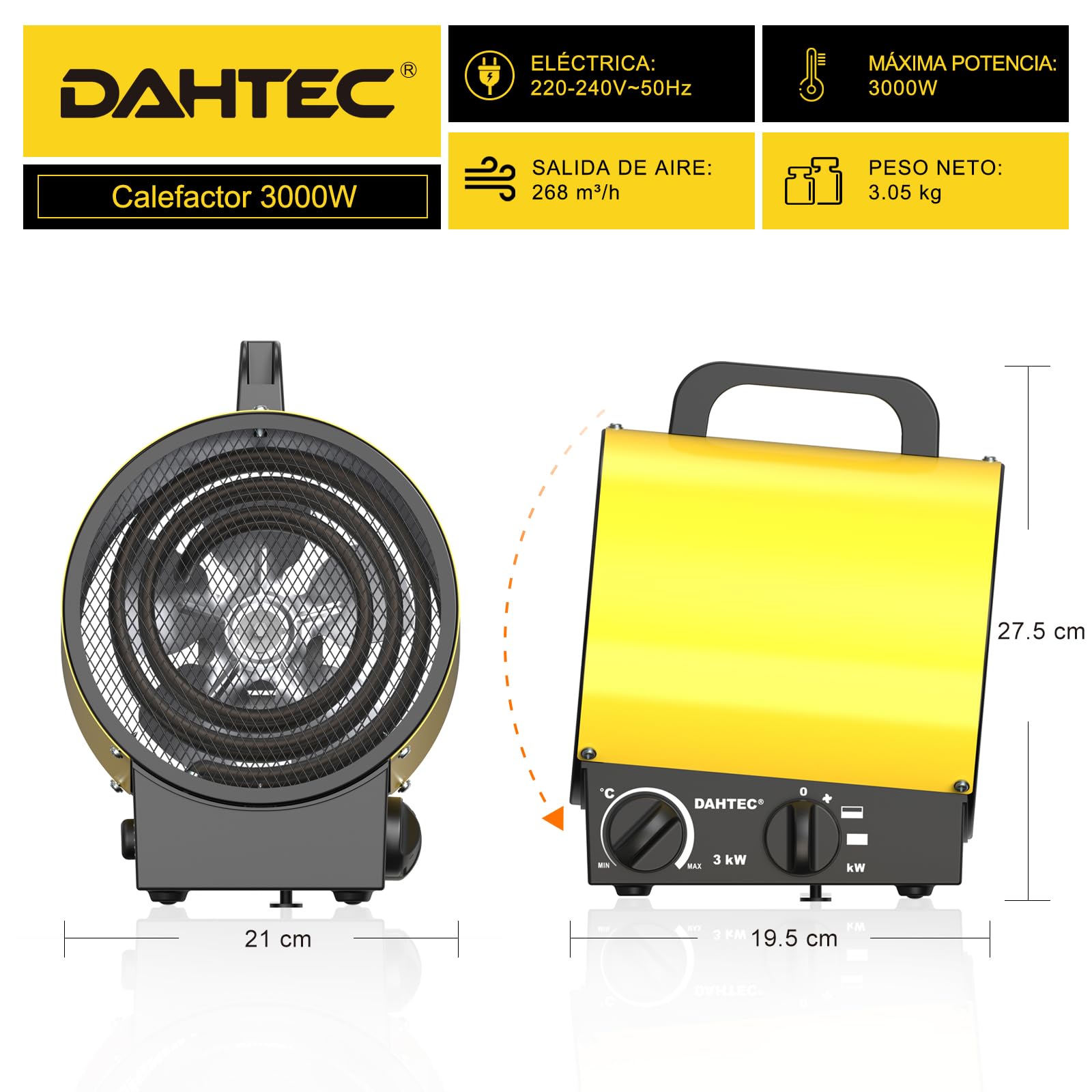 Calefactor Eléctrico 3000 W Termoventilador Portatil, Amarillo | Calefactor de Obra 230 V con Asa, Termostato y Protección Contra Sobrecalentamiento - Apto para Hogares, Tallers