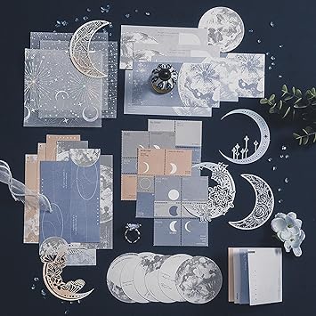 Doraking 63PCS Moon Embellishment Scrapbook Paper Packs for Journaling Supplies, Material Papers Memos Stamps Cards for Journals Planners Aesthetic DIY Art Crafts Collage Album