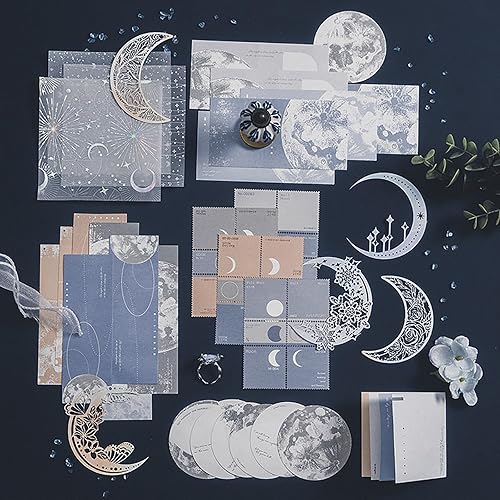 Doraking 63PCS Moon Embellishment Scrapbook Paper Packs for Journaling Supplies, Material Papers Memos Stamps Cards for Journals Planners Aesthetic DIY Art Crafts Collage Album