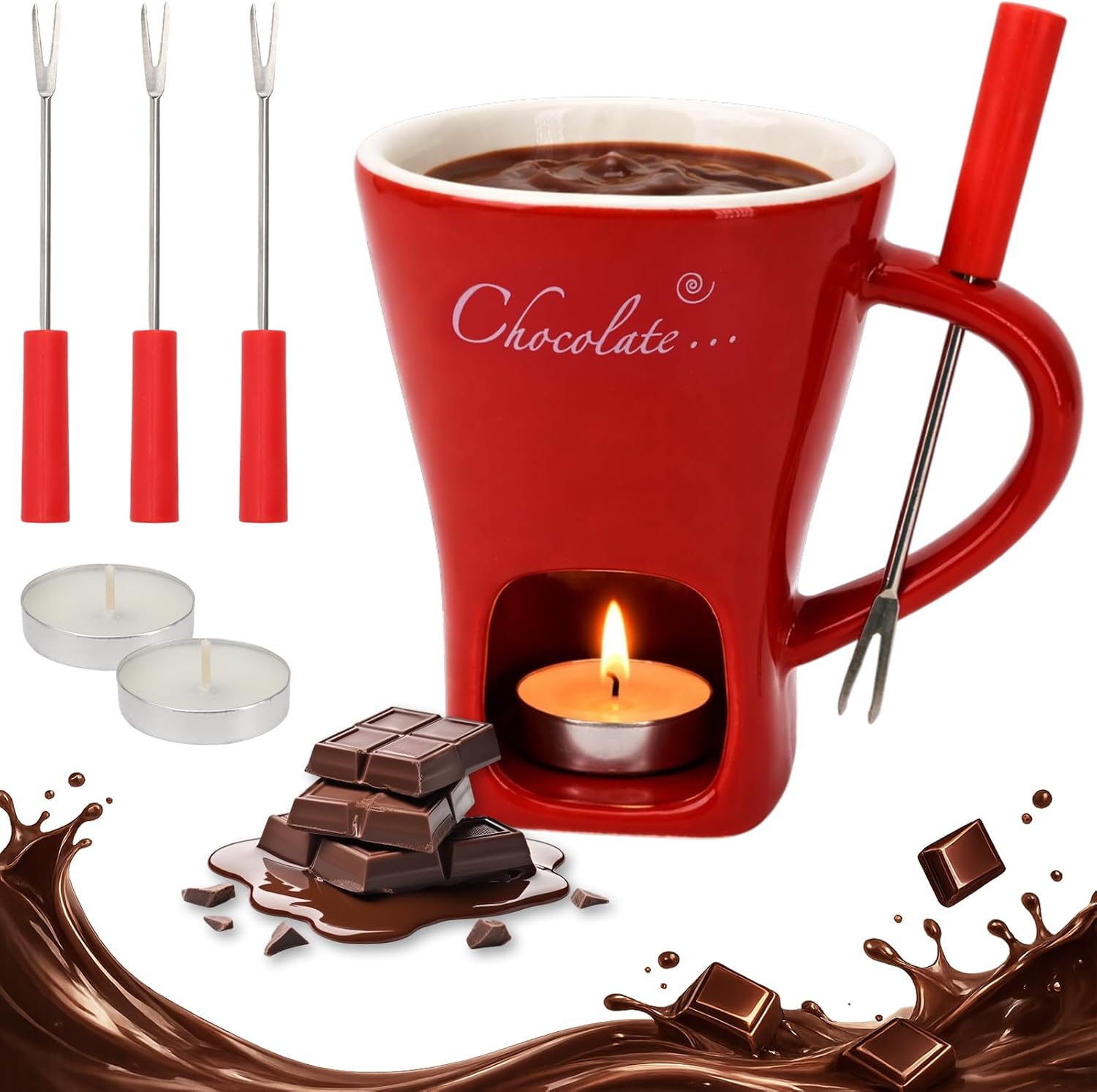 Fondue Cups Tealight Chocolate Melting Mug with 4 Fork and 3 Candle, Ceramic Melt Cup for Sweet Cheese Butter 130 ml Warmer Hot Pot Dipping Meltie Handcrafted Ideal Gift Birthday Date Night Wedding
