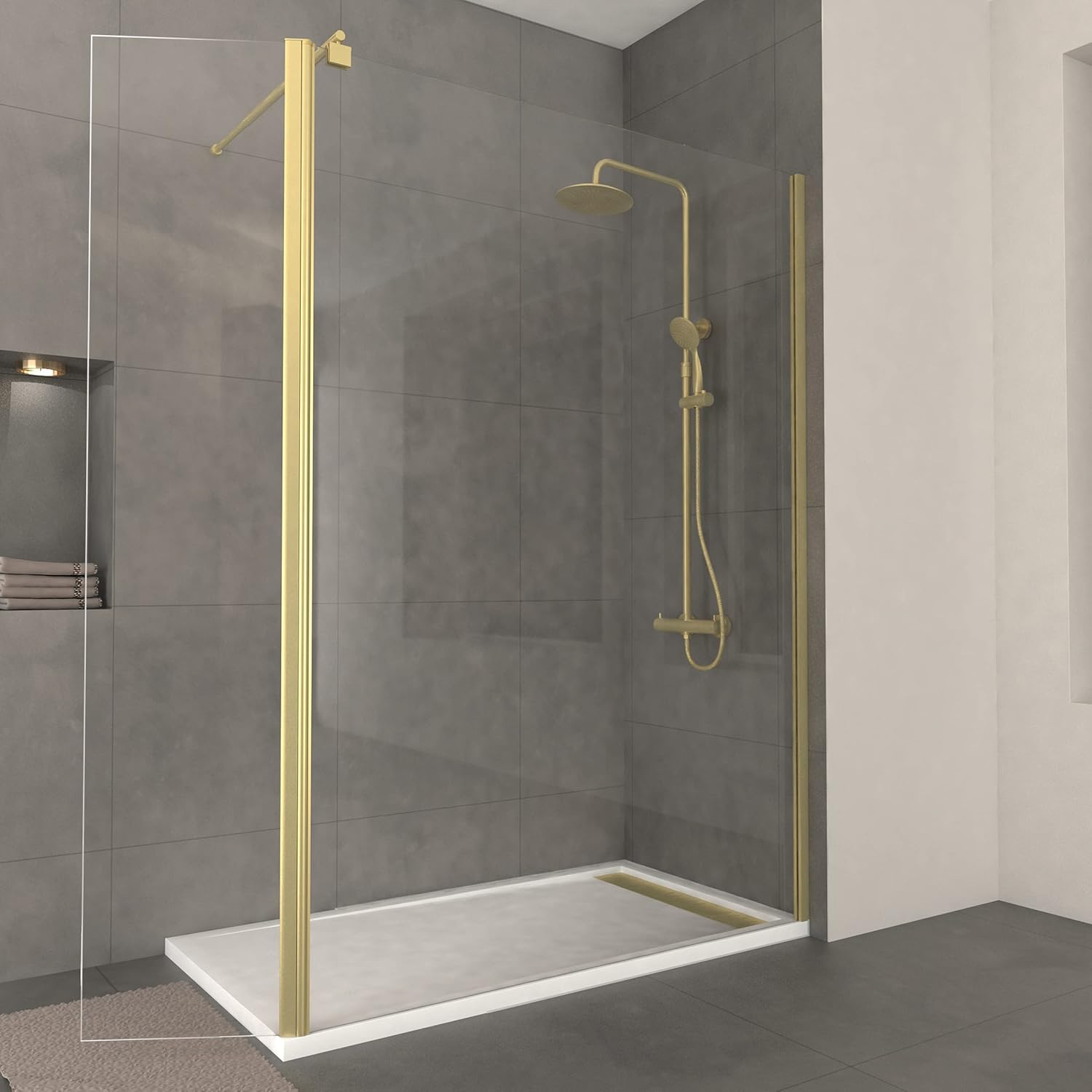 AURLANE Shower Enclosure with fixed and pivoting glass panels and brushed gold profiles installed in a modern bathroom.