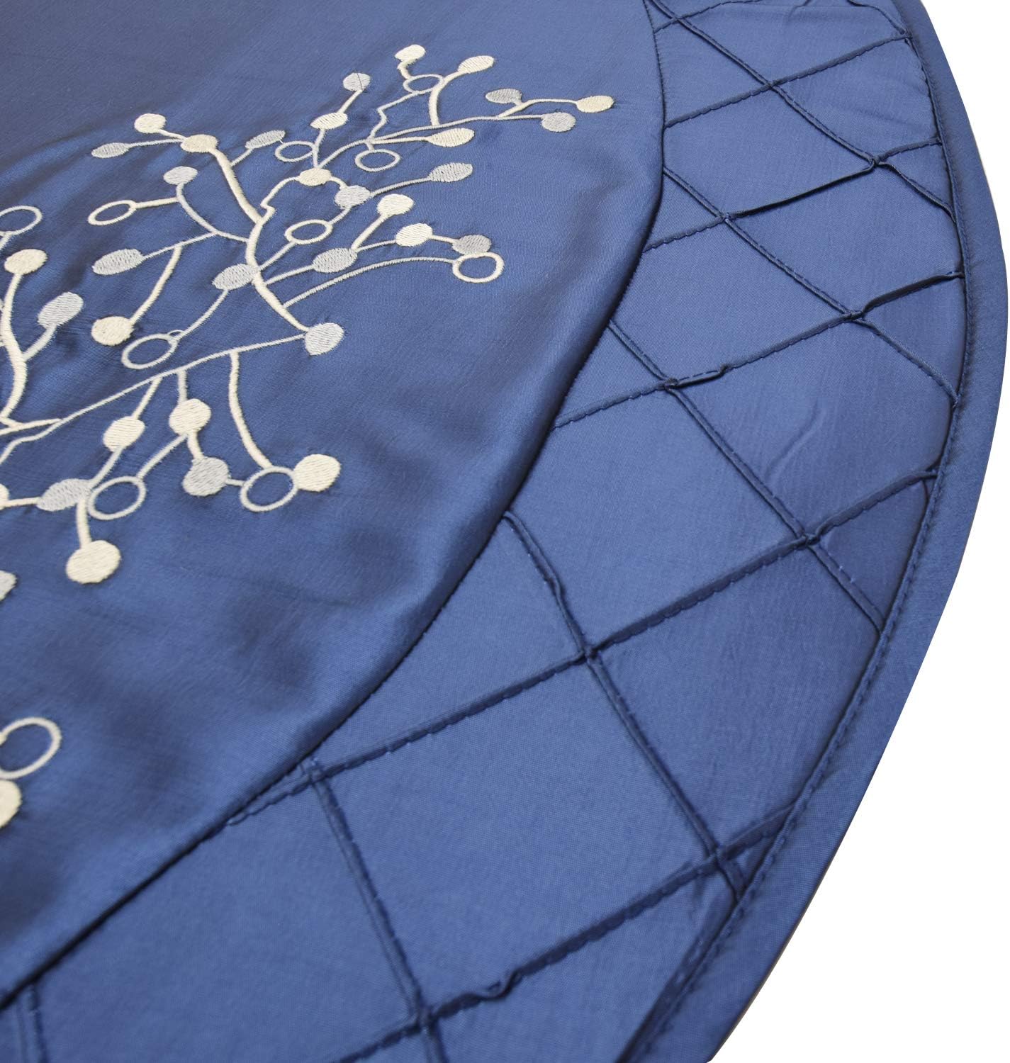 Blue Faux Silk Deluxe Berry Embroidered Center, Handcraft Pintuck Border, Christmas Tree Skirt,Xmas Christmas Holiday Party Decorations-50inch