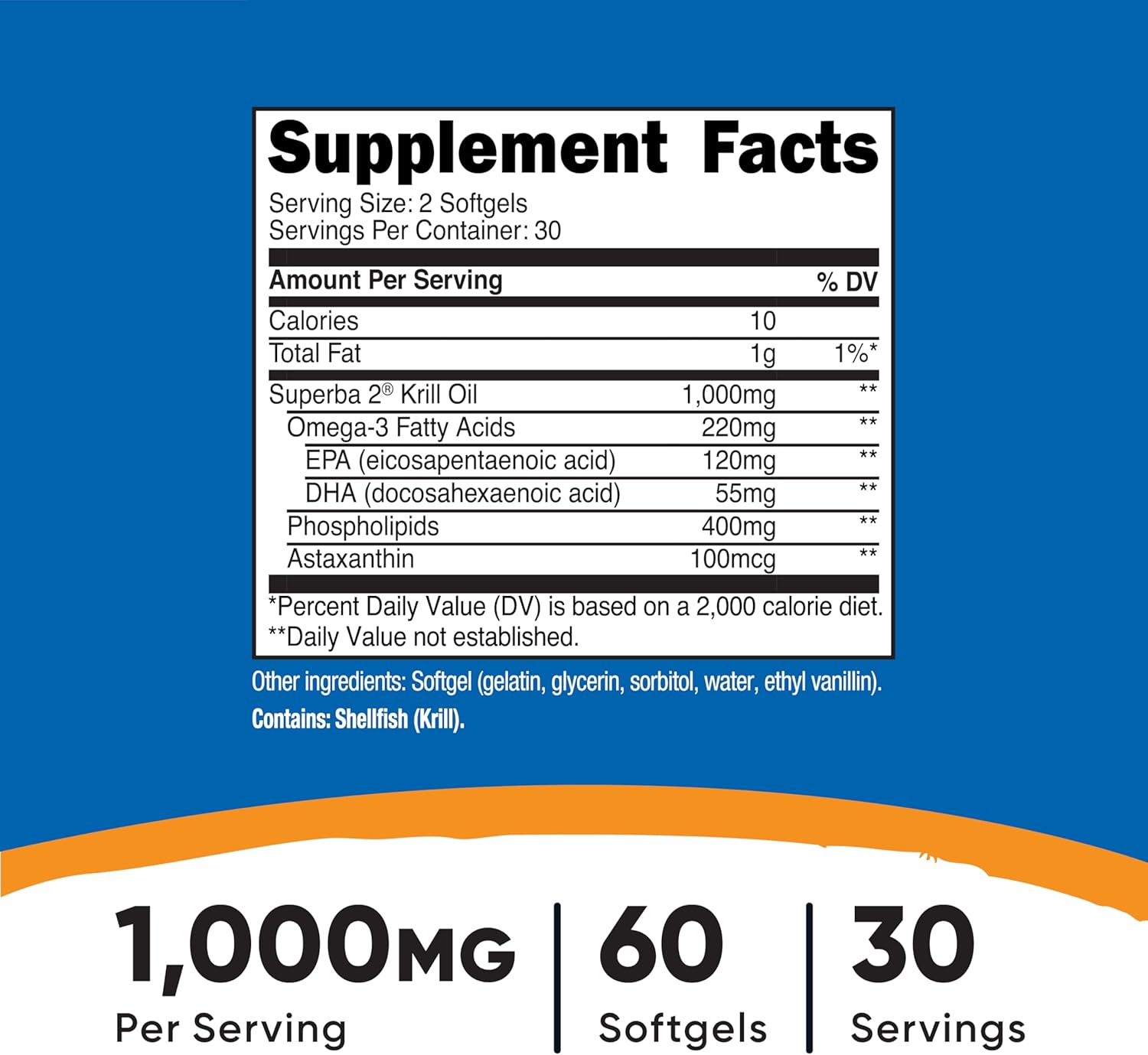 Nutricost Krill Oil 1000mg; 60 Liquid Softgels (2 Bottles) - Omega-3 EPA-DHA
