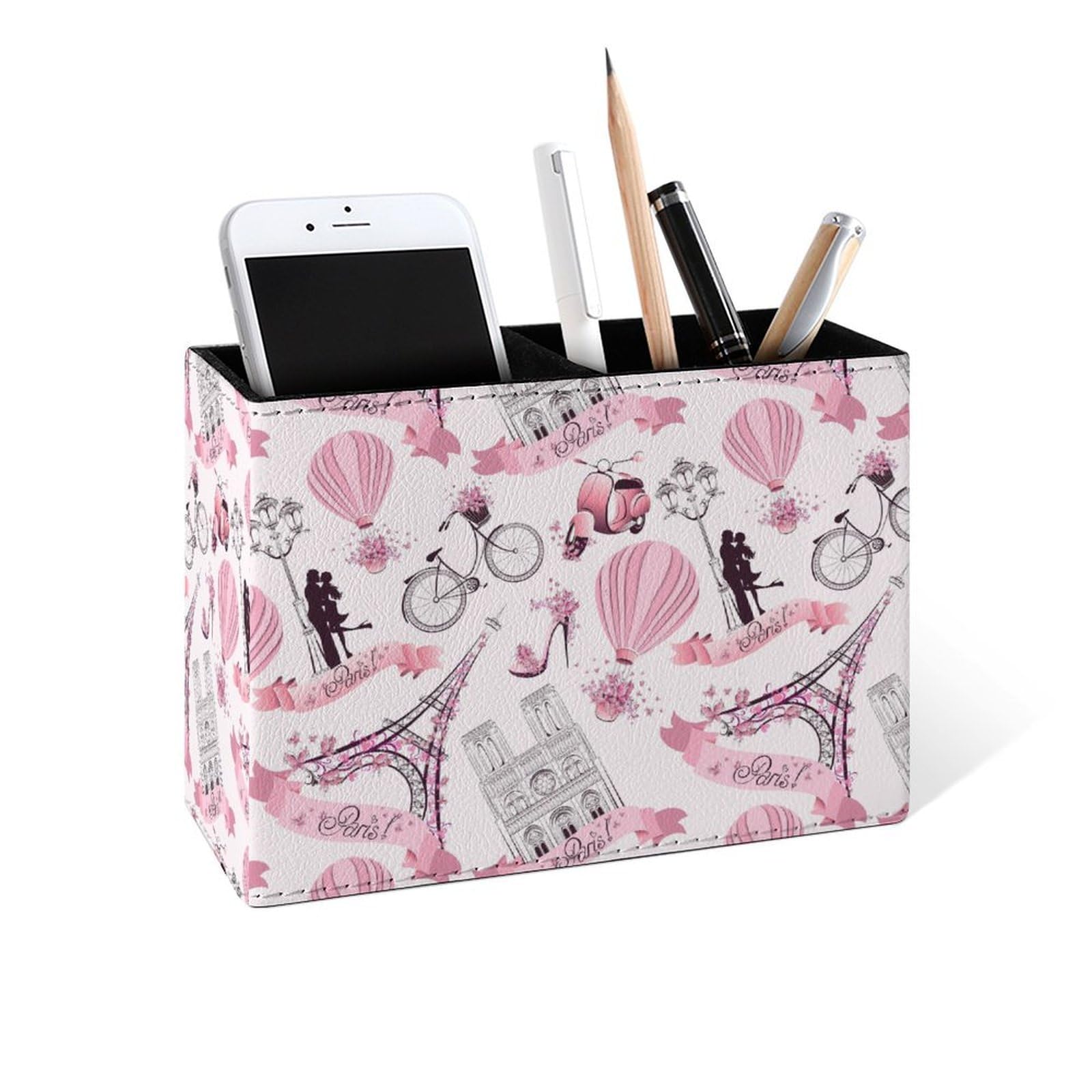 Famame Romantic Paris Eiffel Tower Pencil Holder for Desk, Leather Desktop Container Pen Cup Storage Study Table Pen Organizer Makeup Brushes Holder for Office Home