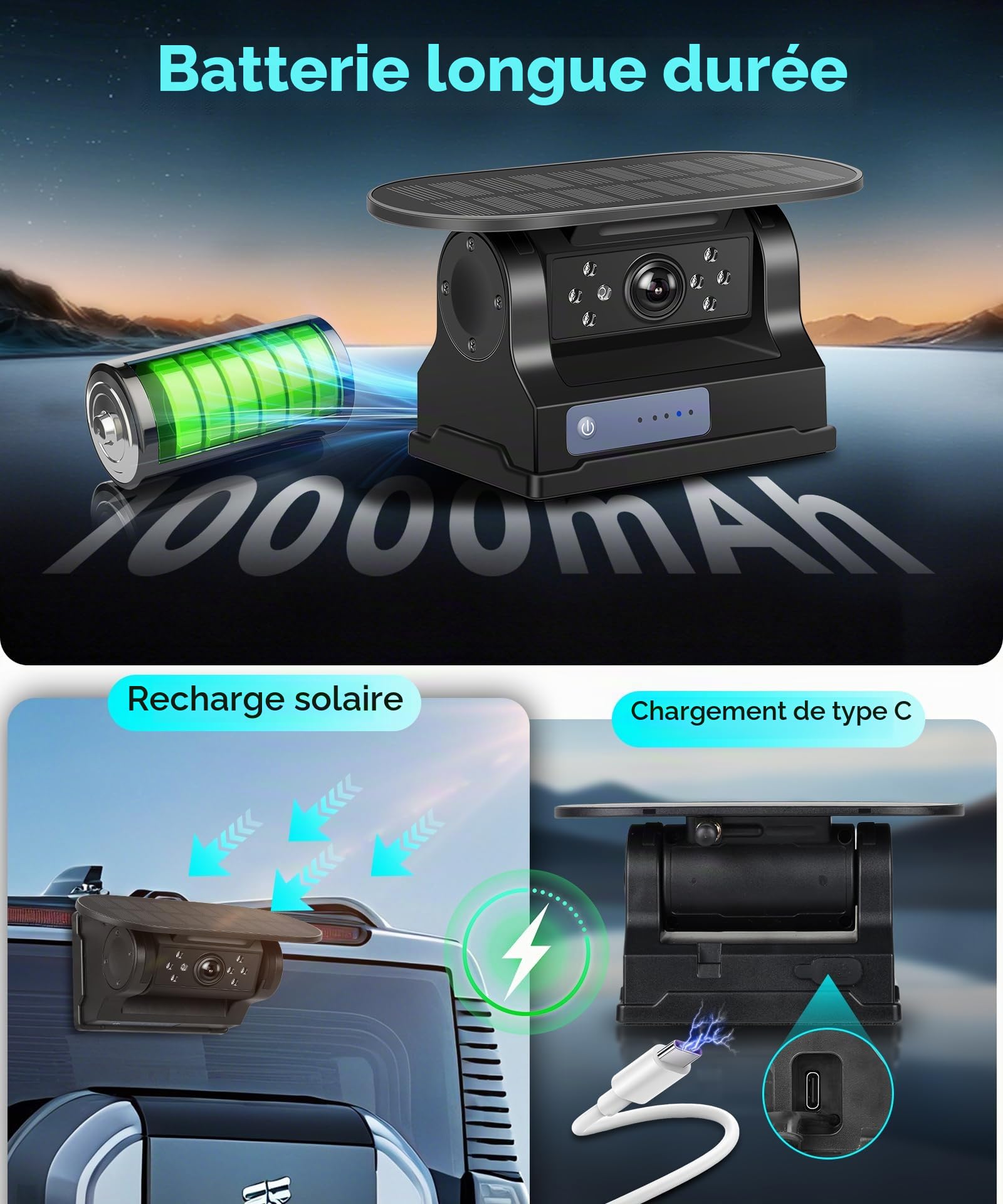 VECHTEL Solaire Caméra de Recul sans Fil, Caméra de Recul sans Fil avec 10000 mAh Batterie Rechargeable, Soutien Étanchéité IP68 Vision Nocturne Super Grand Angle Renversement de l'aide