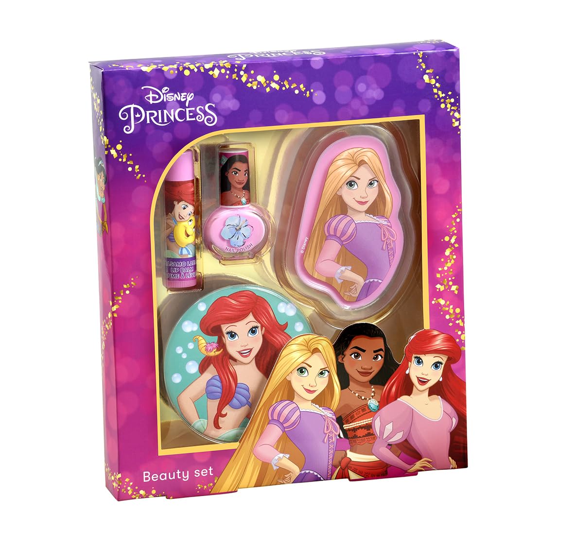 Princesas Disney Set de Maquillaje Infantil, Contiene: Brillo Labial, Bálsamo Labial, Esmalte de Uñas y Espejo decorado