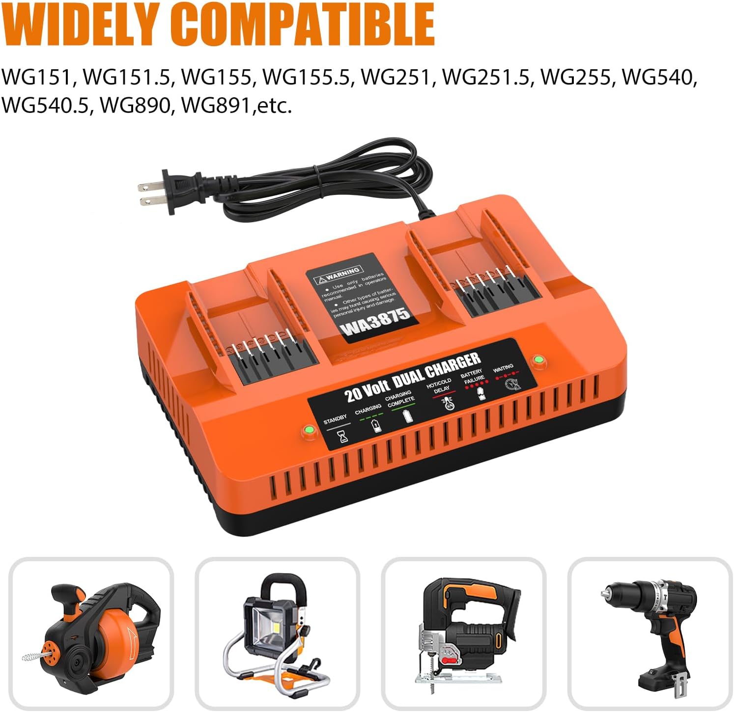WA3875 2Port Replacement for Worx Battery Charger, Dual Channel Fast Charger Compatible with Worx 20V Lithium Battery WA3525 WA3575 WA3520 WA3578 WA3544 WA3671