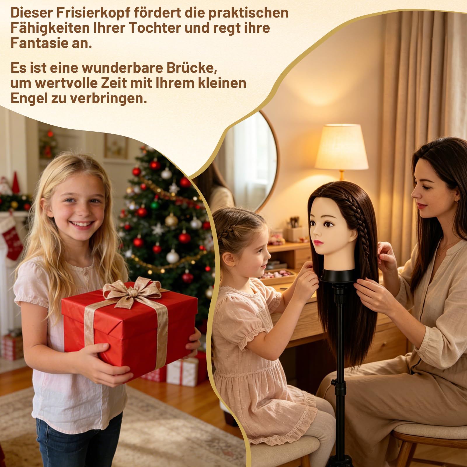TwoWin 60 cm Trainingsköpfe Friseur, 24 Zoll Frisierkopf mit 80% Echthaar | Übungskopf Friseurkopf Puppenkopf mit Tischhalter + Haar Styling Braid Set (Rotbraun)
