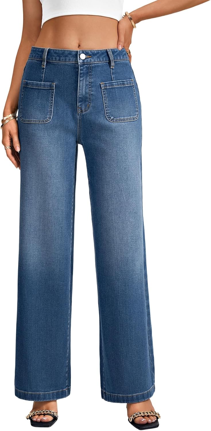 LYANER Women's Wide Leg Jeans High Waist Button Down Straight Denim Pants Stretchy Baggy Jean