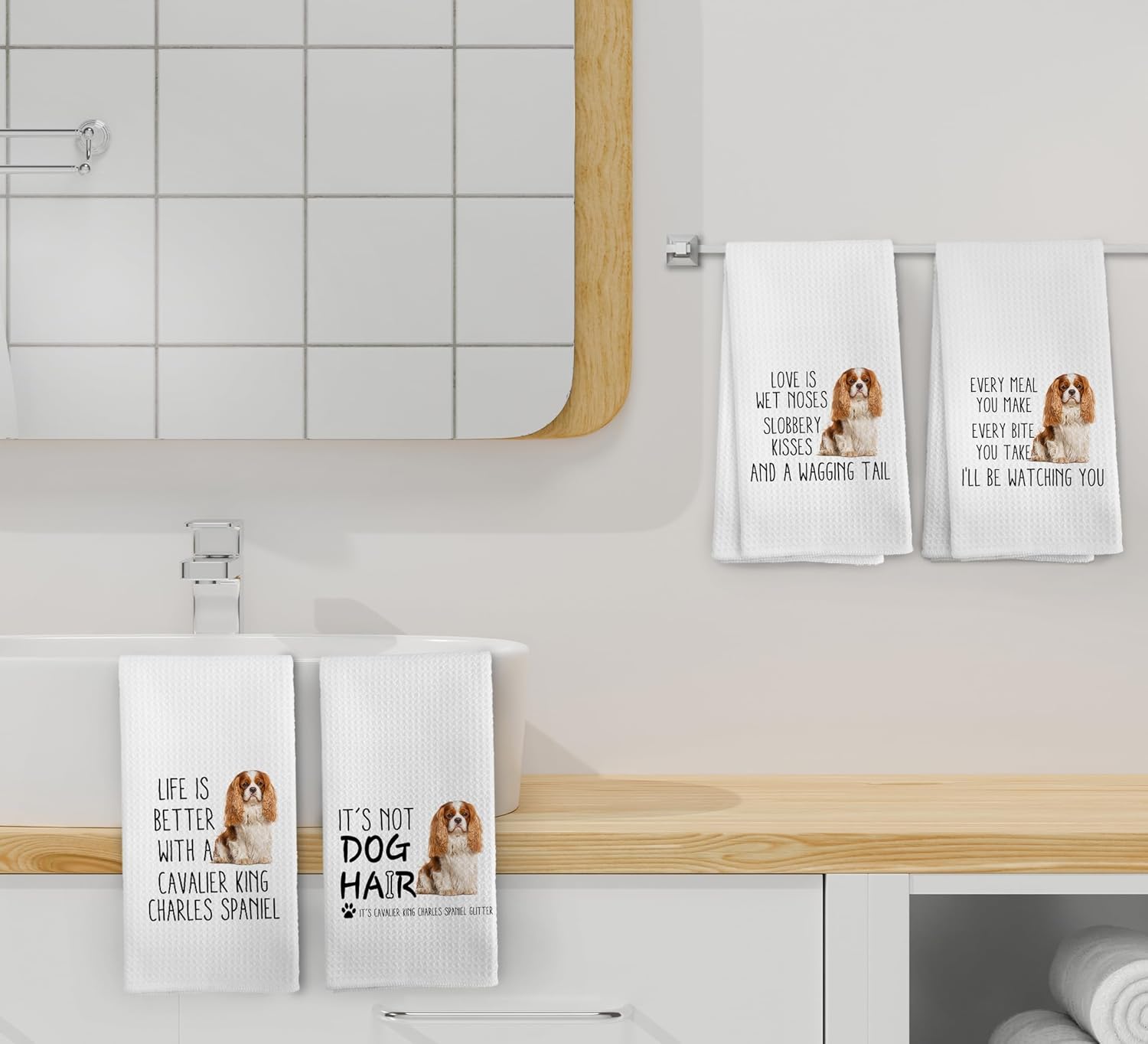 Cavalier King Charles Spaniel Dog Kitchen Towels and Dishcloths Set of 4, Cavalier King Charles Spaniel Gifts for Women, Dog Drying Cloth Hand Dish Tea Towels for Bathroom Kitchen, 16x24 Inches