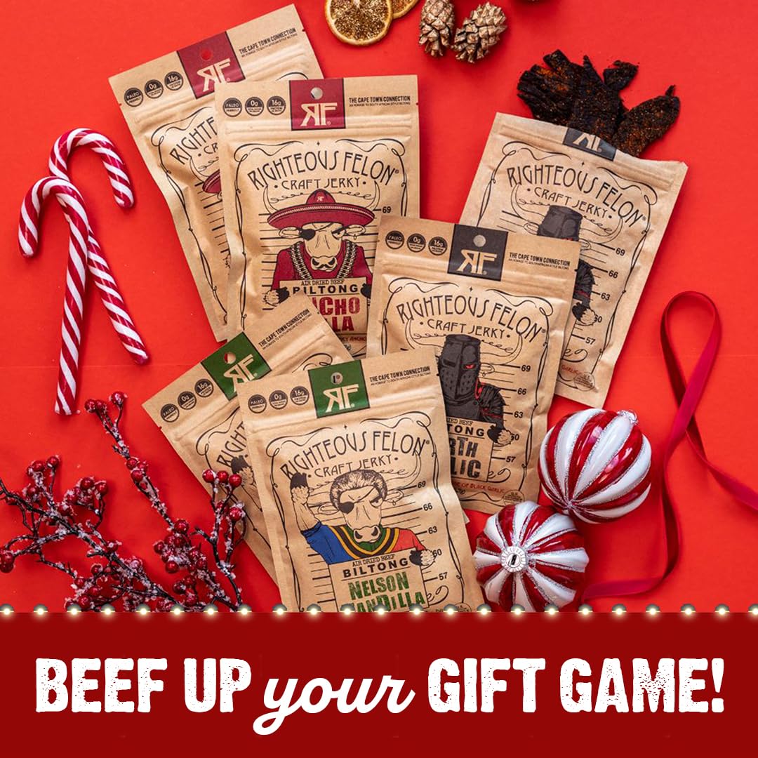 Righteous Felon Biltong Beef Jerky Variety Pack | South African Biltong Snack Packs for Adults | High Protein, Keto-Friendly, Low Sugar | Made with Premium Meats | Beef Jerky Gifts for Men | 6 Pack