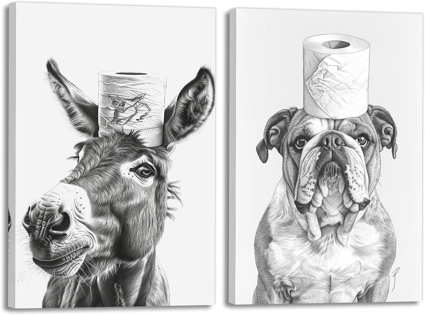 GLOKAKA Funny Animal Wall Art 2 Panel Dog And Cat Canvas Print Black And White Poster Modern Artwork Animal With Toilet Paper Painting Print Bathroom Decor(Artwork-1,12"x16"x2pcs)