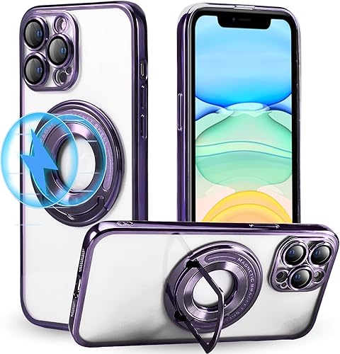 Miniatura 8 de Funda magnética con soporte invisible para iPhone 13 Pro Max, compatible con MagSafe, protector de lente de cámara integrado, chapado de lujo,