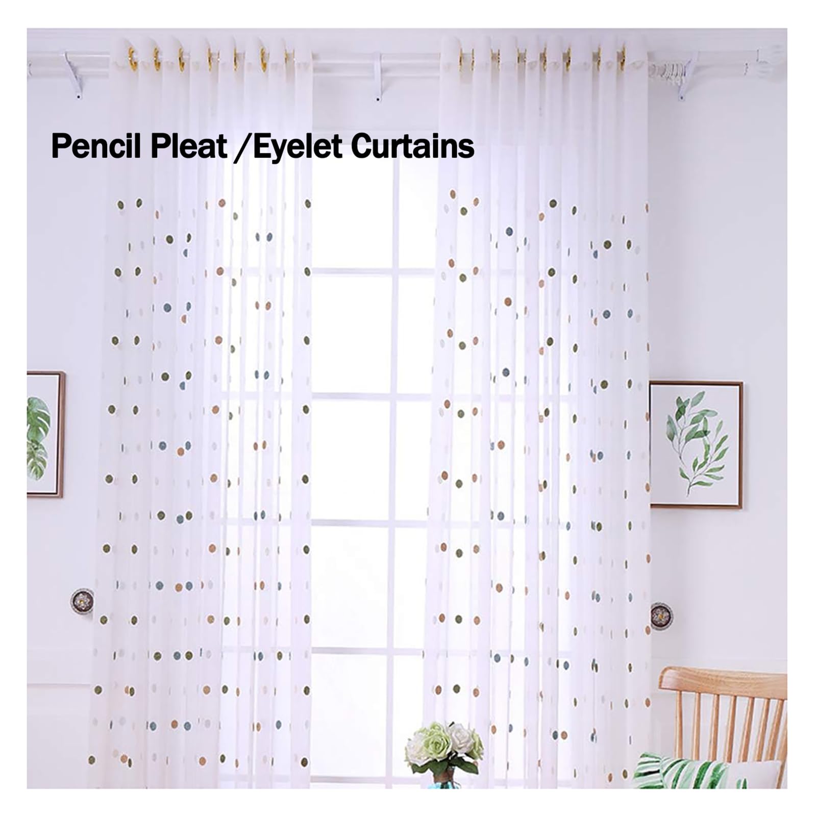 Bunt Punkte Transparent Gardinen, Stickerei Kinderzimmer Voile Vorhang Mit Ösen/Haken 2 Stück Für Wohnzimmer Schlafzimmer, W135xL244cm, Eyelet