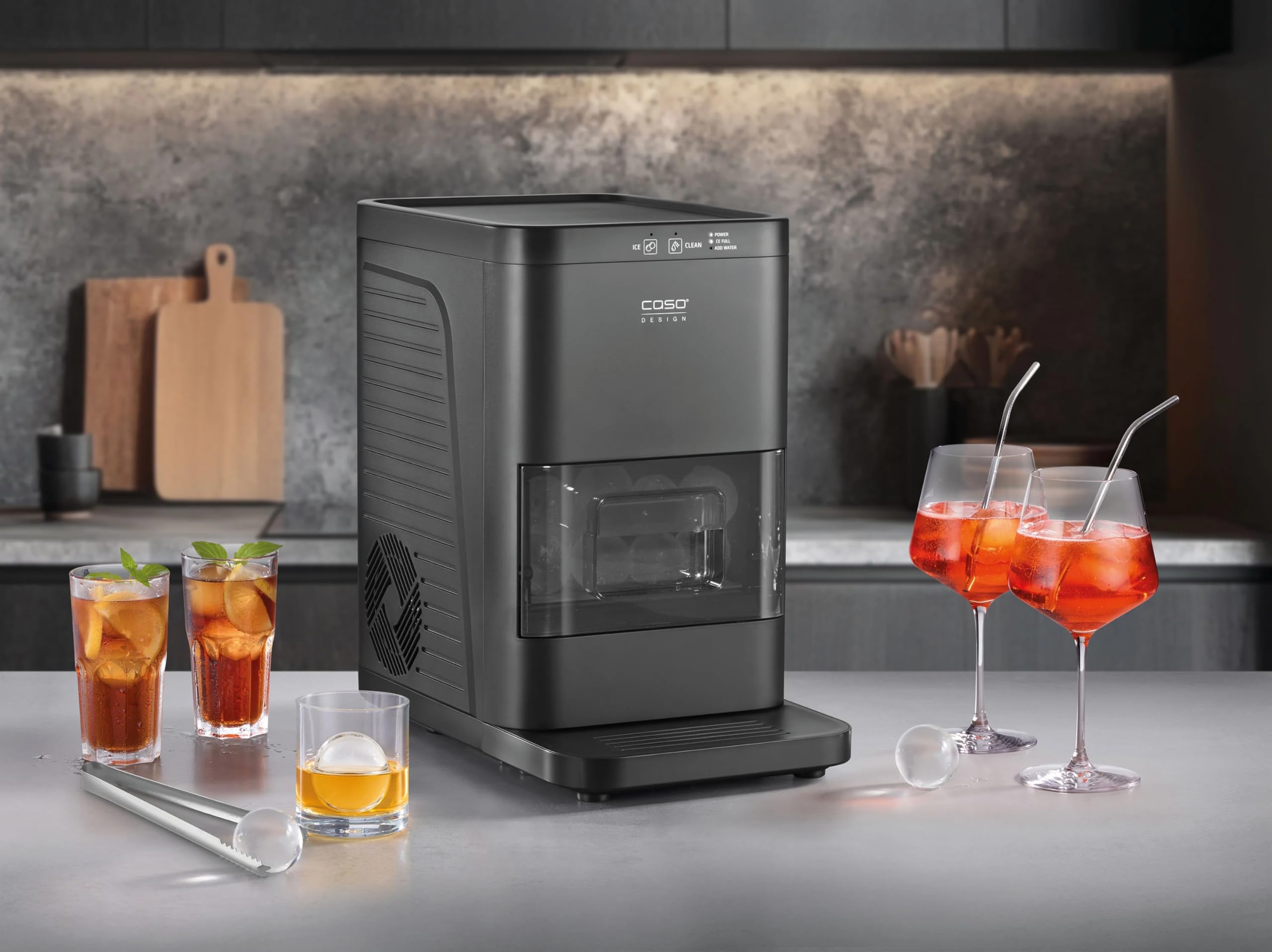 CASO IceBall Pro Eiskugelbereiter mit Kompressor – Kristallklare Eiskugeln 50–55 mm, 2 Kugeln/Stunde, 1,3 l Wassertank, Selbstreinigung, LED-Anzeige, mattschwarz