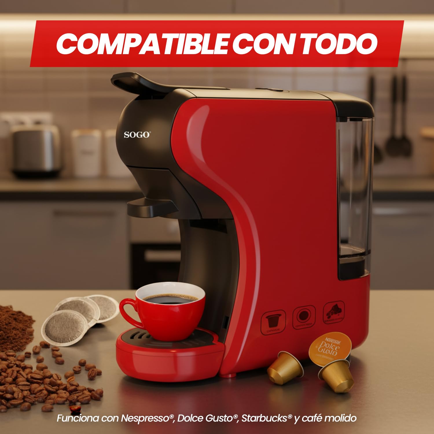 SOGO Macchina da caffè universale a capsule 3in1 - Macchina da caffè multicapsule 9 bar, 0,6, rosso (SS-5675)