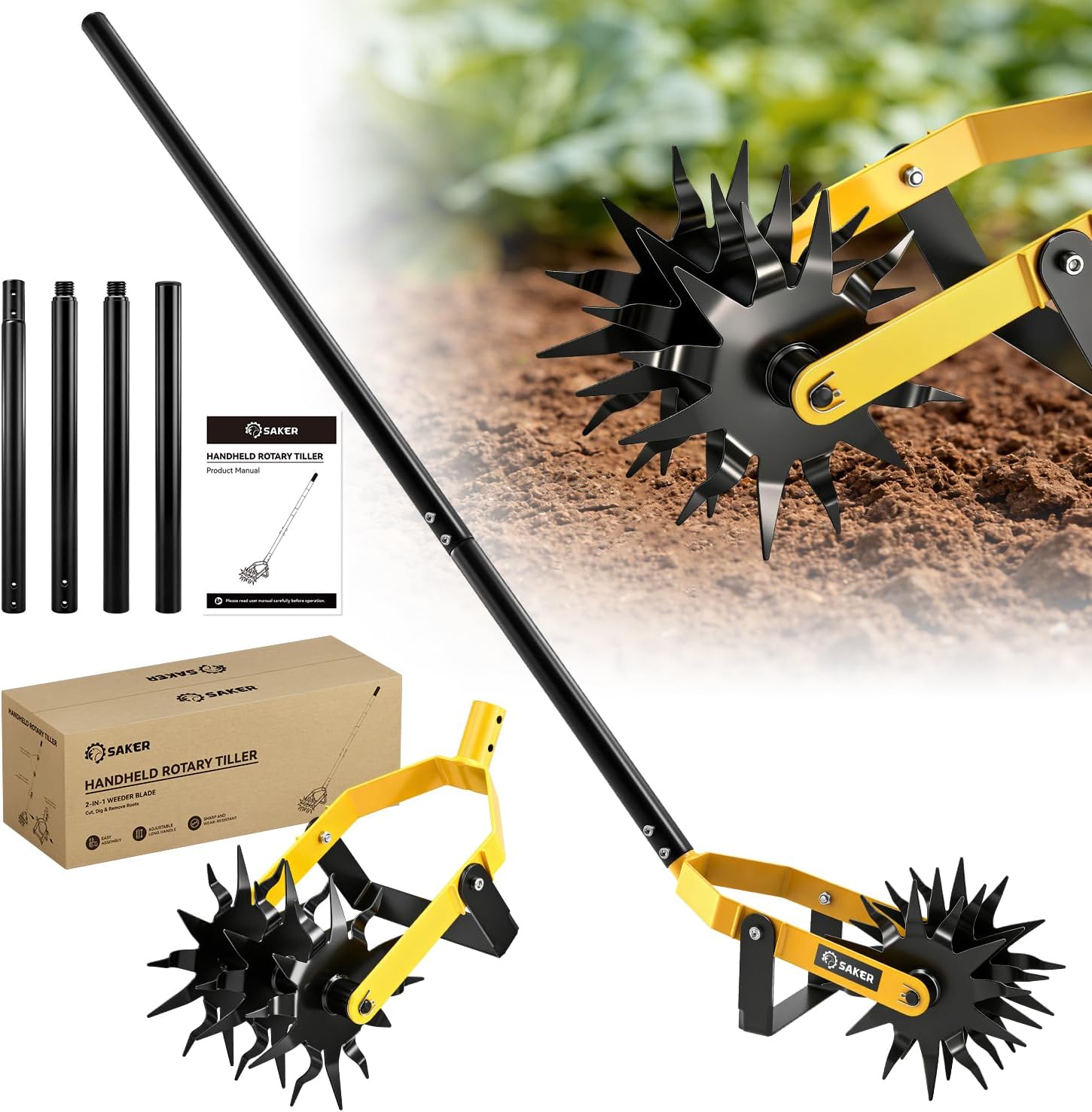 SAKER Rotary Cultivator Hand Tiller Tool – 2-in-1 Manual Garden Tiller & Weeder with Adjustable 72.4in Long Handle, 3-Blade Steel Rotary, Heavy Duty Soil Cultivator for Raised Beds, Yard & Garden