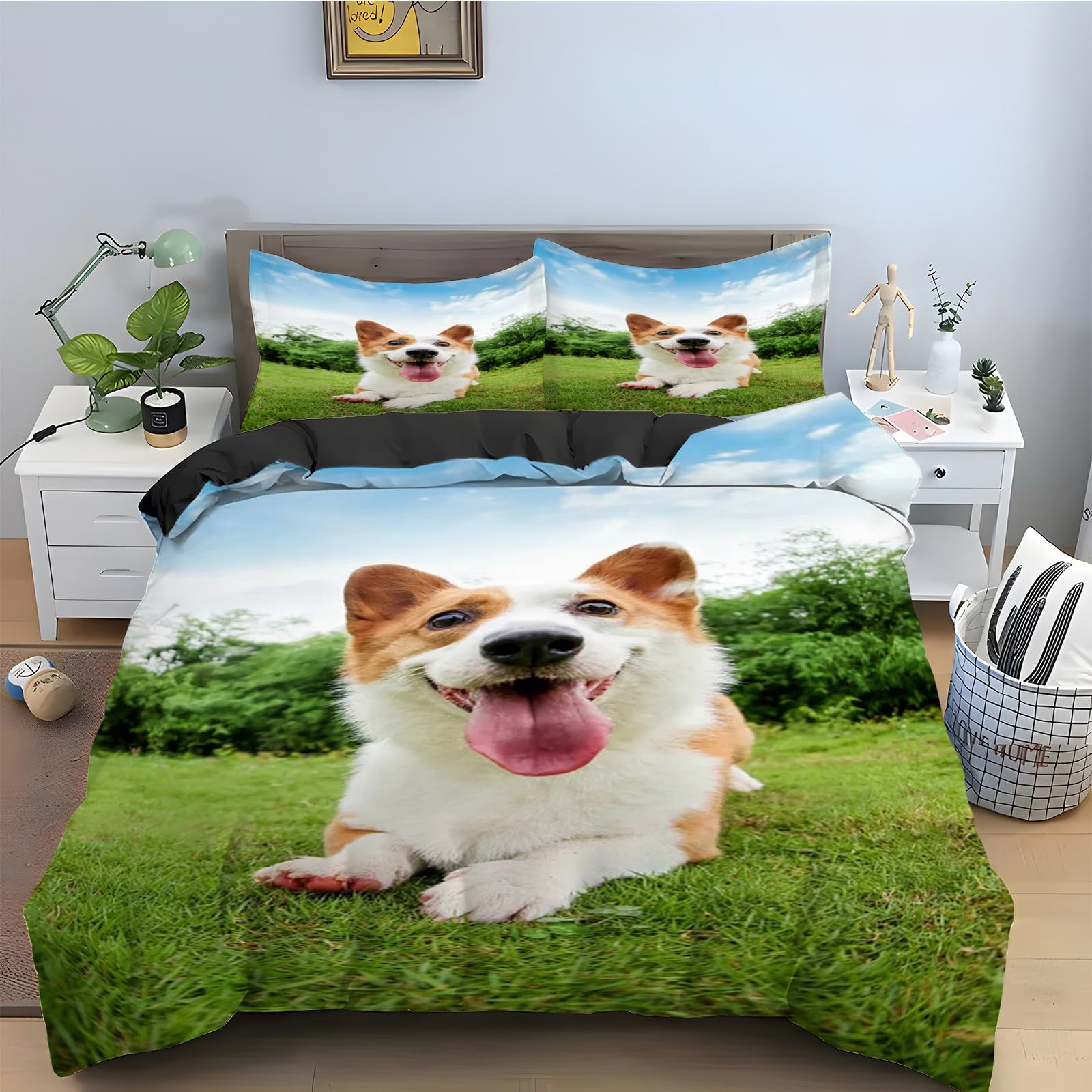 Parure de lit 90x190 corgi avec housse de couette en microfibre et 2 taies