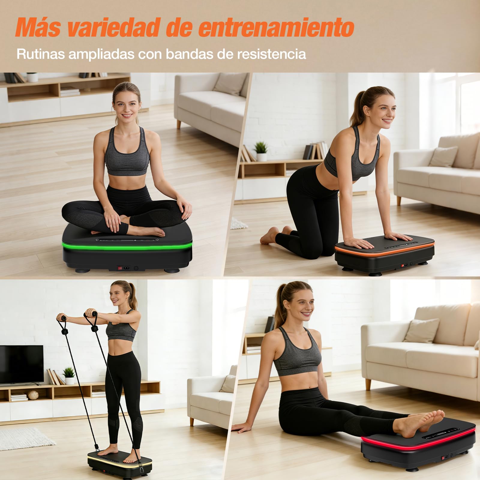 DH FitLife Plataforma Vibratoria Silenciosa y Estable para Casa, 0–99 Niveles, 9 Programas Automáticos, Sin Impacto con Ventosas Antideslizantes, Bluetooth, Bandas y Mando, 150 kg
