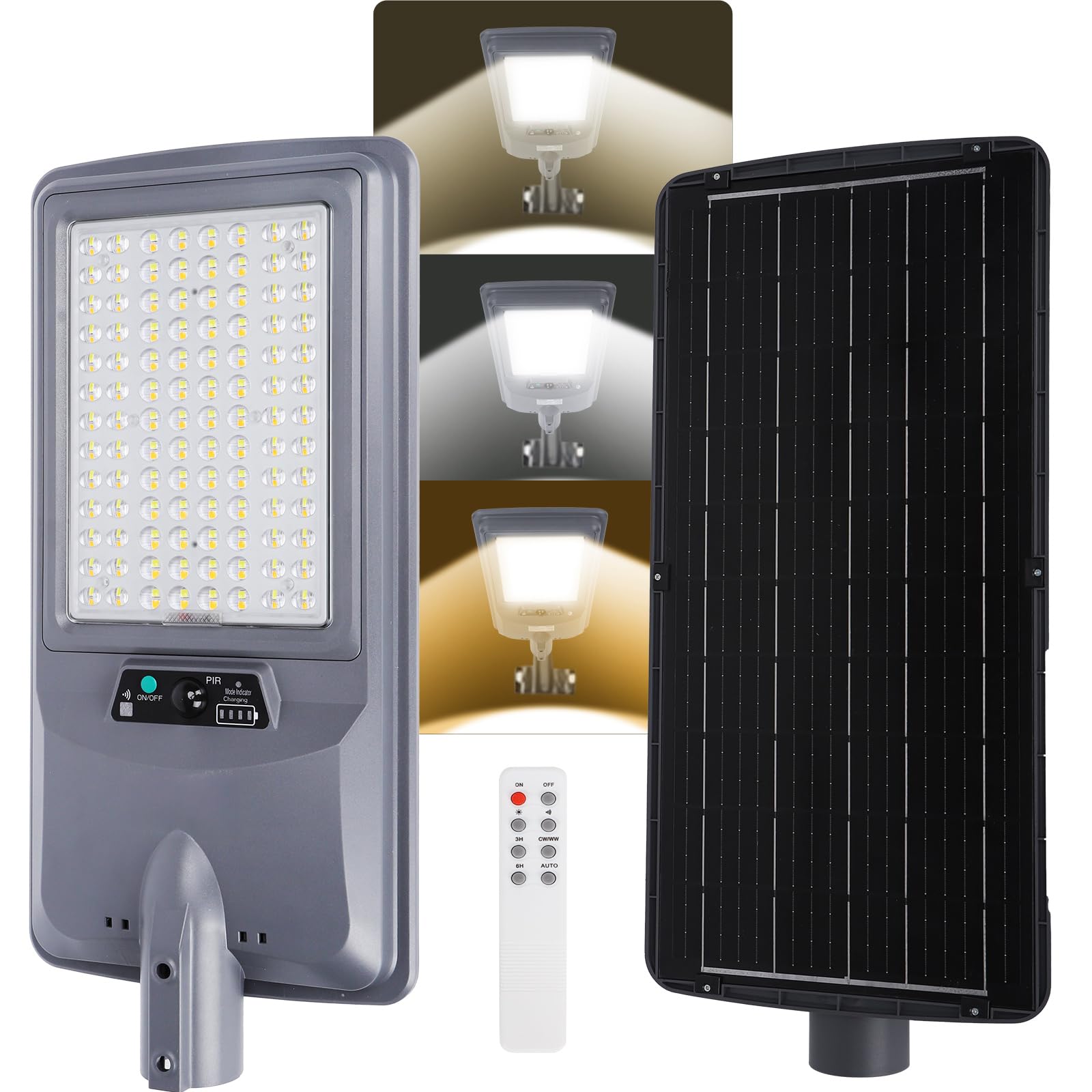 Aigostar 300W Lampione Solare LED Esterno, Batteria ad alta capacità da 15000 mAh, Regolabili 3000K/4500K/6500K,3000LM,IP65, Luce Solari da Esterno con Sensore di Movimento,Supporto palo non incluso