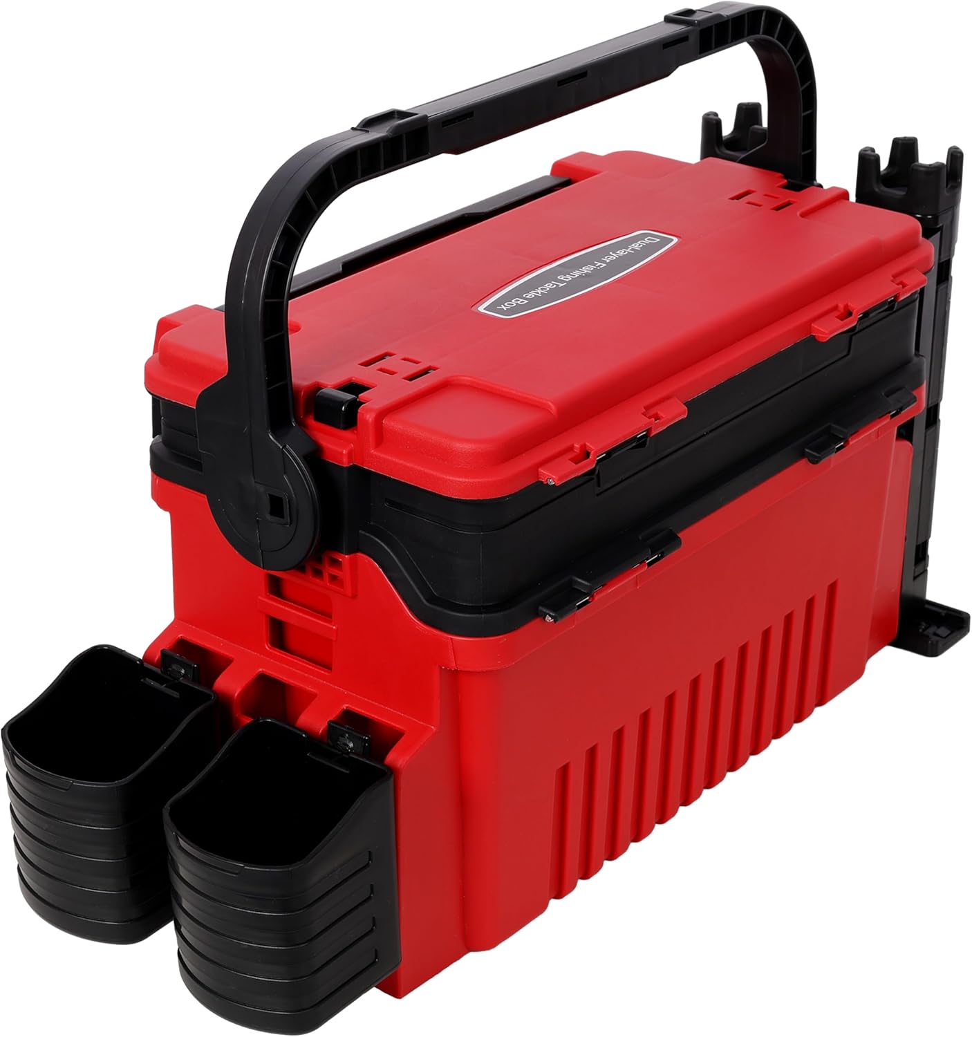 Dual-Layer Fishing Tackle Box Organizer–11L Waterproof Tacklebox for Fishing with Adjustable Compartments,2 Rod Holders,2 Cup Holders, Portable Carry Strap,Fishing Tackle Box for Anglers (Red)