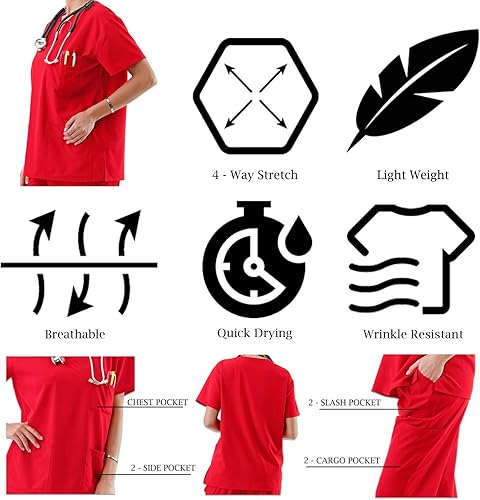 Miniatura 6 de Juego de uniformes médicos para mujer, 4 vías, 8 bolsillos, cuello en V, con cordón y pantalones de enfermería dental., Classic, S