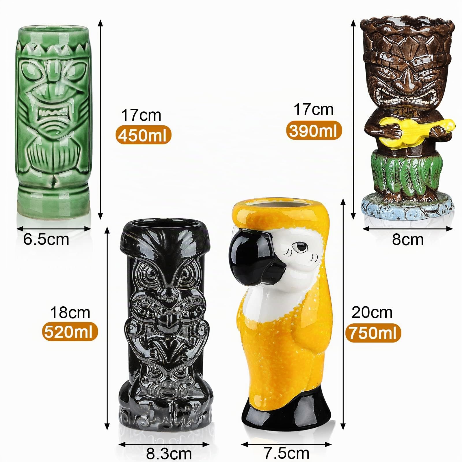Lot de 4 Verres Tiki en Céramique pour Cocktails - Tasses Tropicales Hawaïennes pour Fête Créative, Grand Bar - Qualité Supérieure