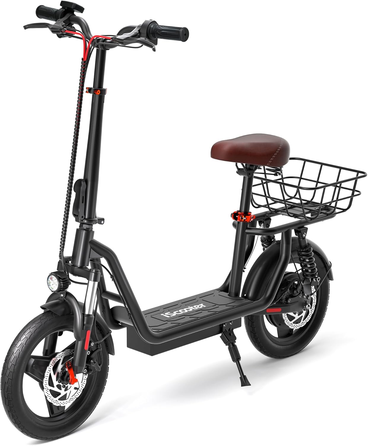 iScooter Electric Scooter with Seat, 37/21 Miles Long Range & 28/19/15.6 MPH Top Speed, 14"/12"/10" Pneumatic Tire, Height Adjustable Seat & Handlebar, Dual Suspensions Commuting Scooter with Basket