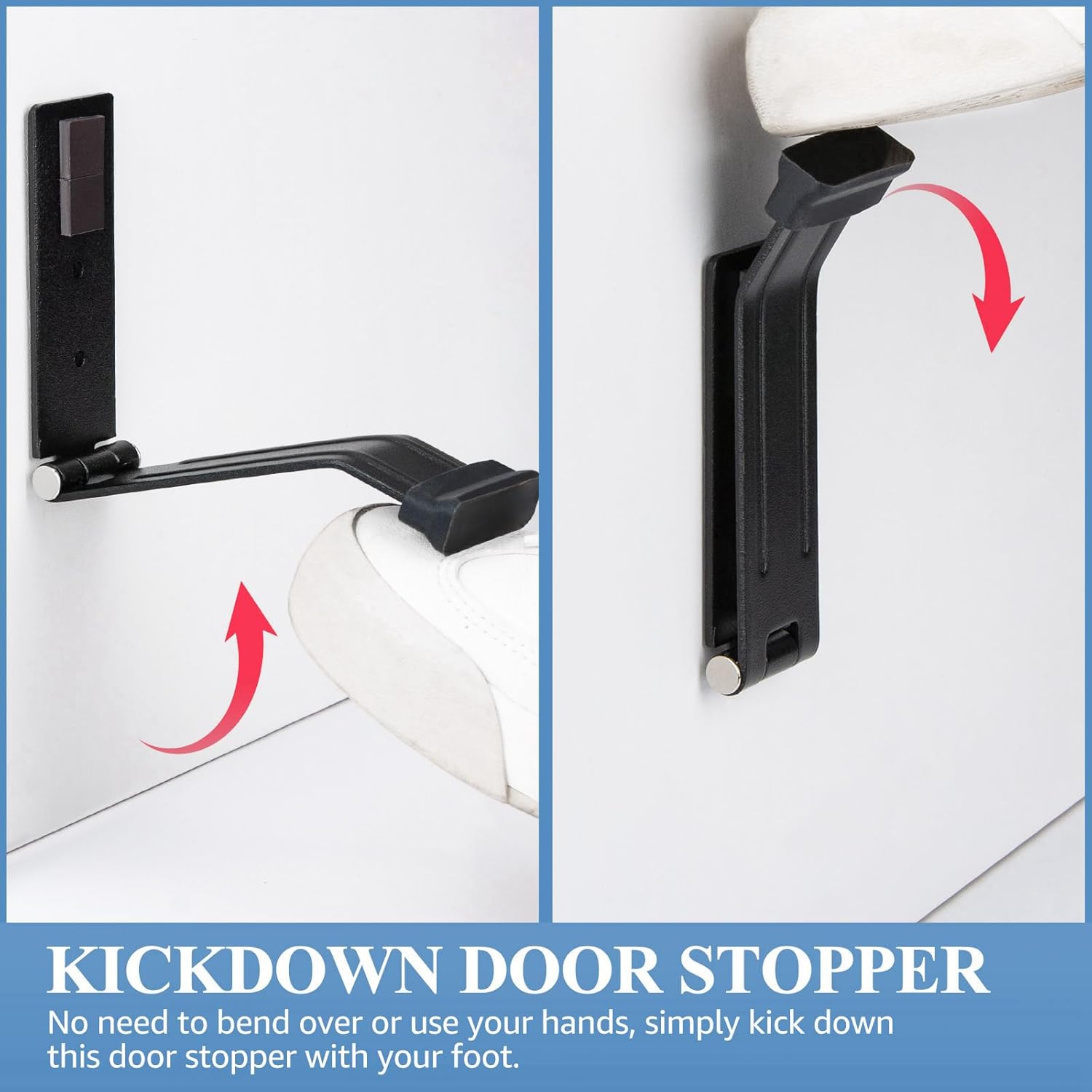 2 Pieces Kickdown Door Stopper for Bottom of Door,Heavy Duty Metal Door Stop with Rubber Tip,Floor Door Opener Stopper,Hold Open Folding Door Stop,Single Flip Down Door Stopper(Black)
