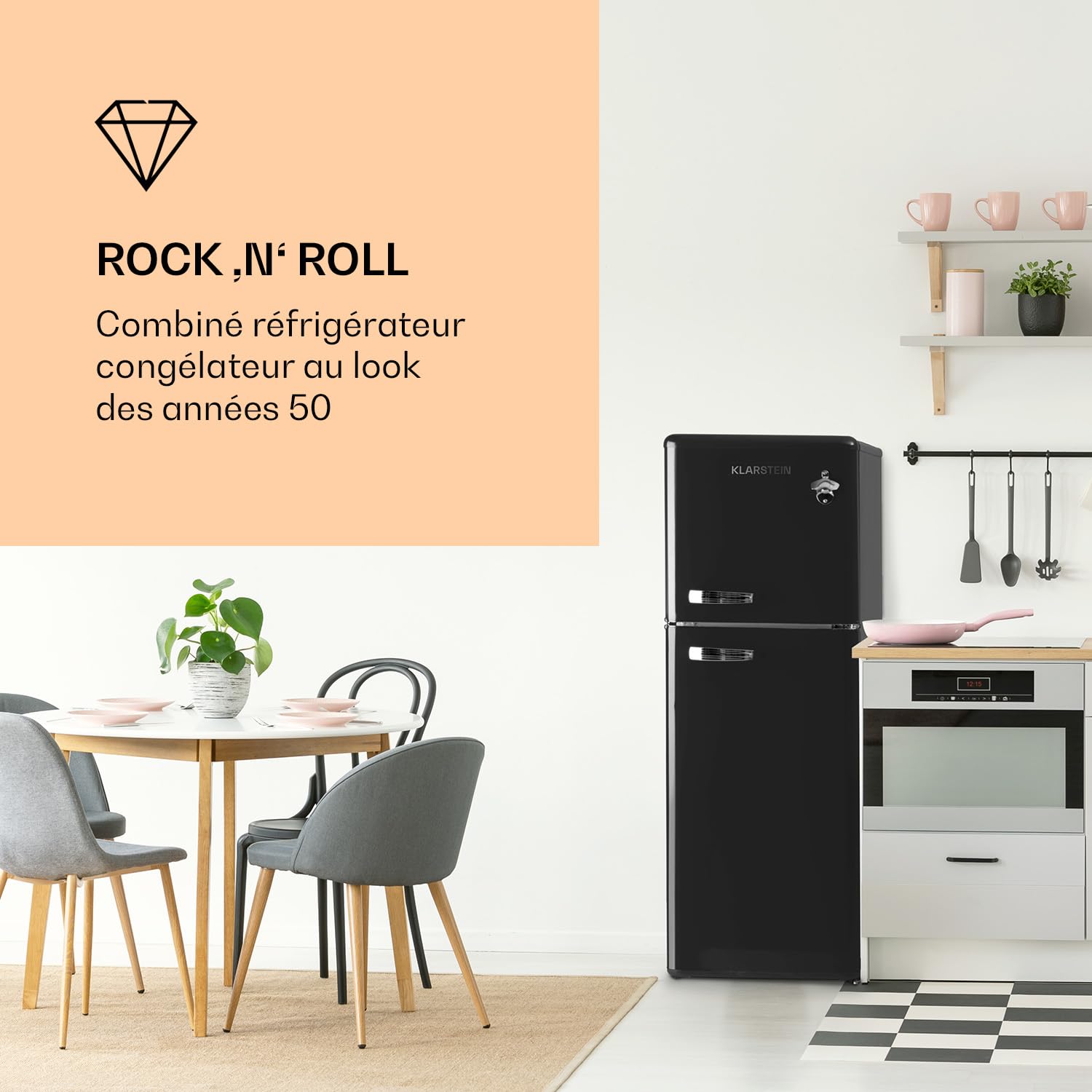 KLARSTEIN Audrey Retro - Réfrigérateur-congélateur combiné rétro, réfrigérateur et congélateur, capacité de refroidissement variable en continu, éclairage intérieur, niveau sonore 41 dB, noir