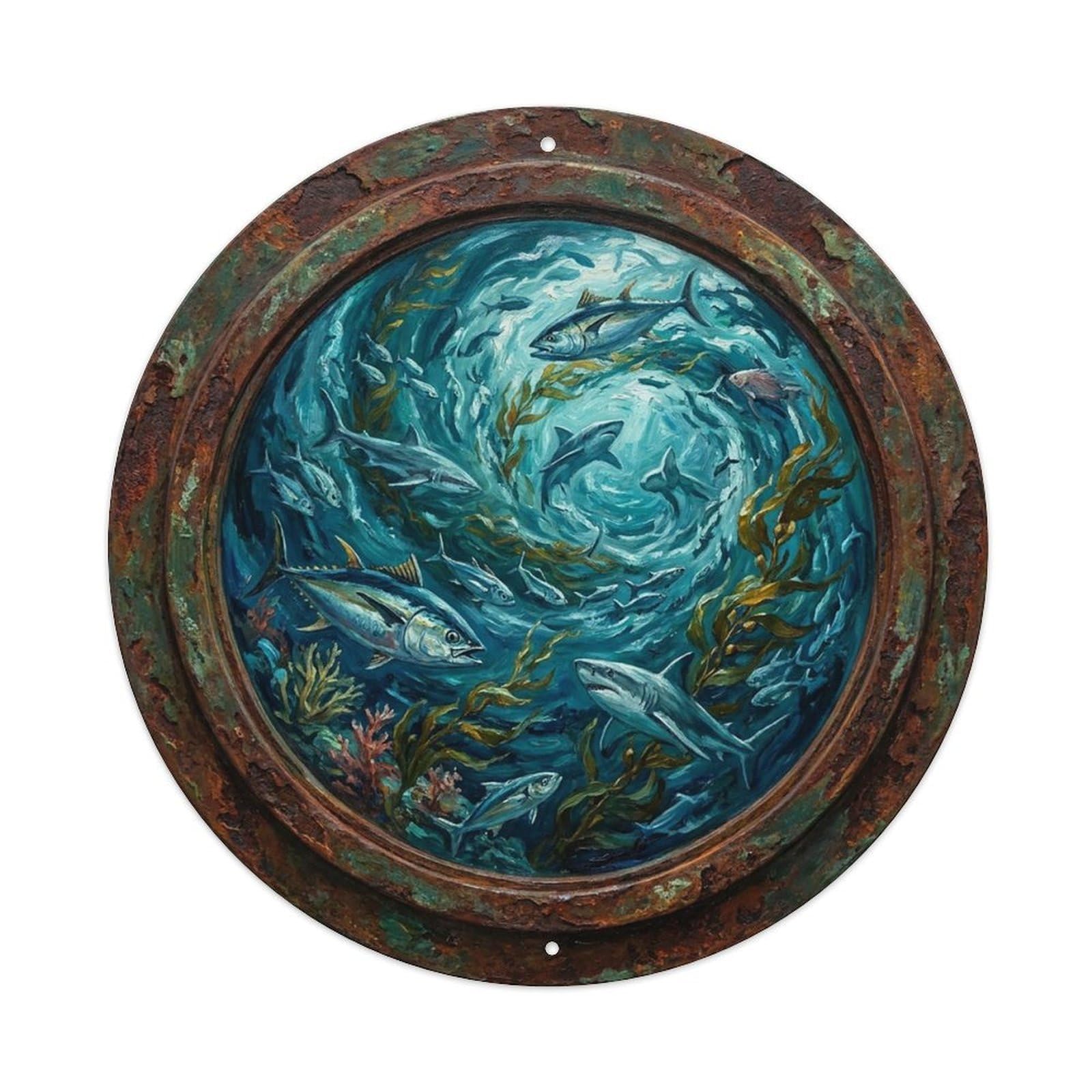 Vintage Porthole Turbulent Currents Ship Window Under Deep Metal Tin Sign