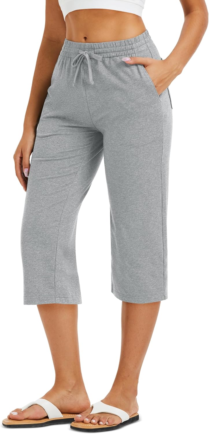 MAGCOMSEN Women's Cotton Capri Pants with 5 Pockets Yoga Wide Leg Capris Loose Casual Lounge Workout Capri Sweatpants
