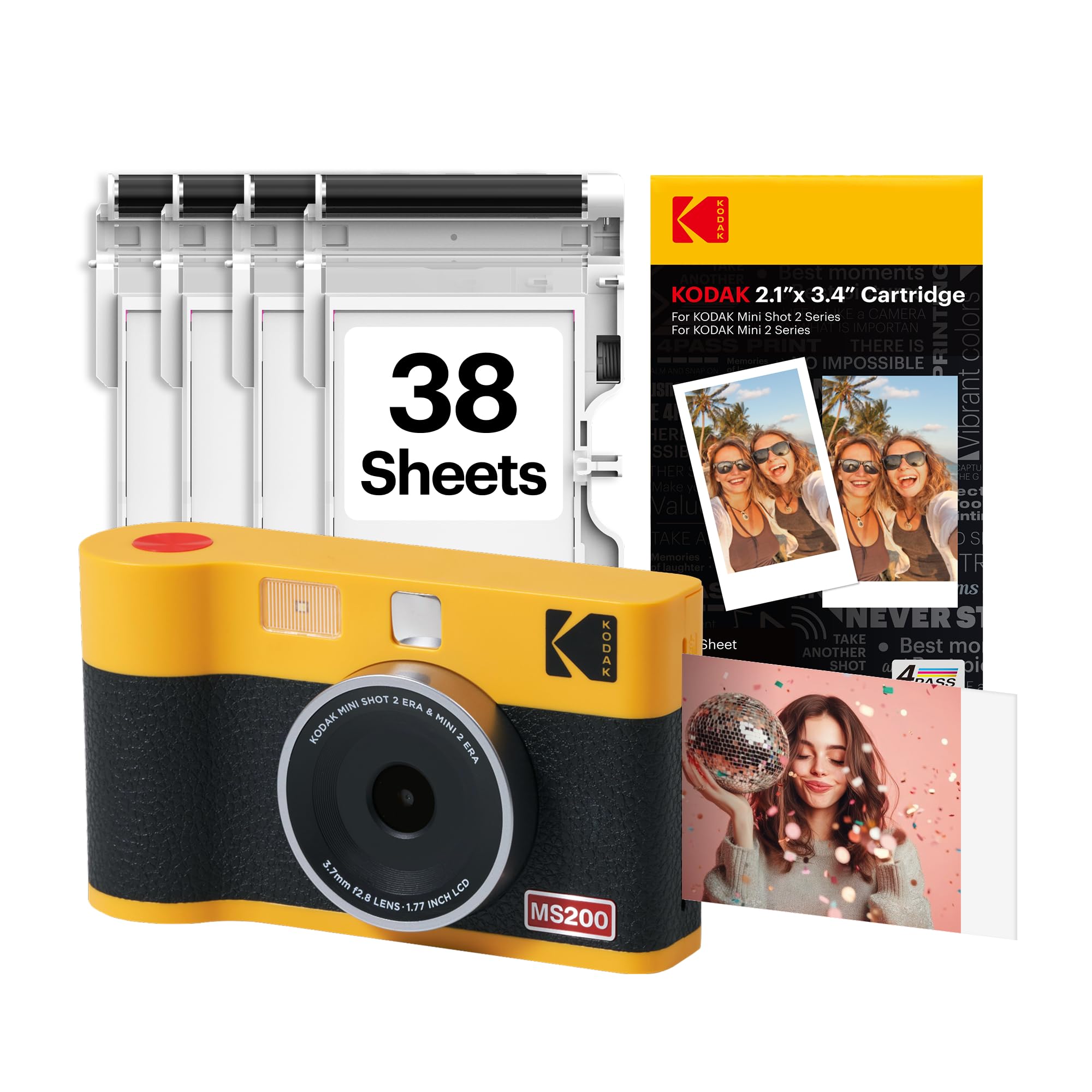 KODAK Mini Shot 2 ERA 2x3” Instant Digital Camera & Photo Printer, 38 Sheets, 2-in-1 Portable Print Camera, Bluetooth Smartphone Printer for iPhone & Android, 4PASS Dye Sublimation, Yellow