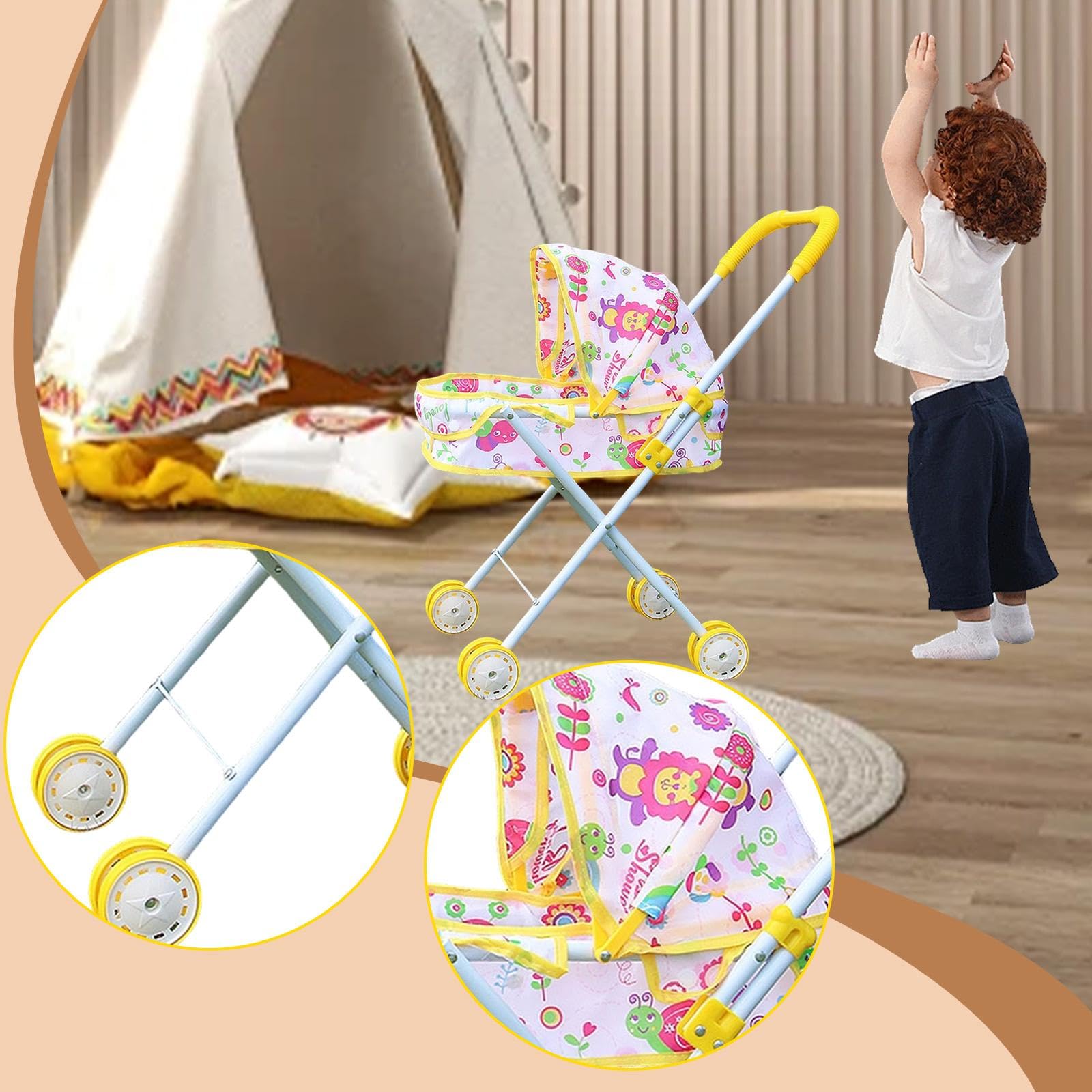 Puppenwagen Faltbarer Kinderwagen Puppenbuggy Rollenspiel Spielzeug Aus Eisen Und Pp mit Stabiler Unterstützung für Geschenk Lernspiel Dekoration Kind, Gelb