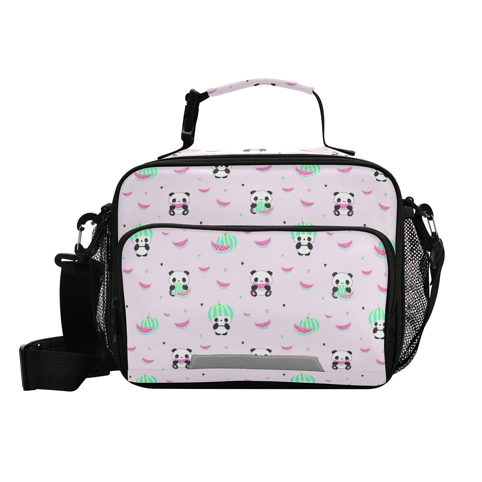 ALAZA Girls Large Lunch Bags, Cartoon Animal Cute Panda with Watermelon Insulated Lunch Bags with Shoulder Straps and Buckle Handle, Crossbody Tote Lunch Box for Kids Teenager Student, 2 Compartments