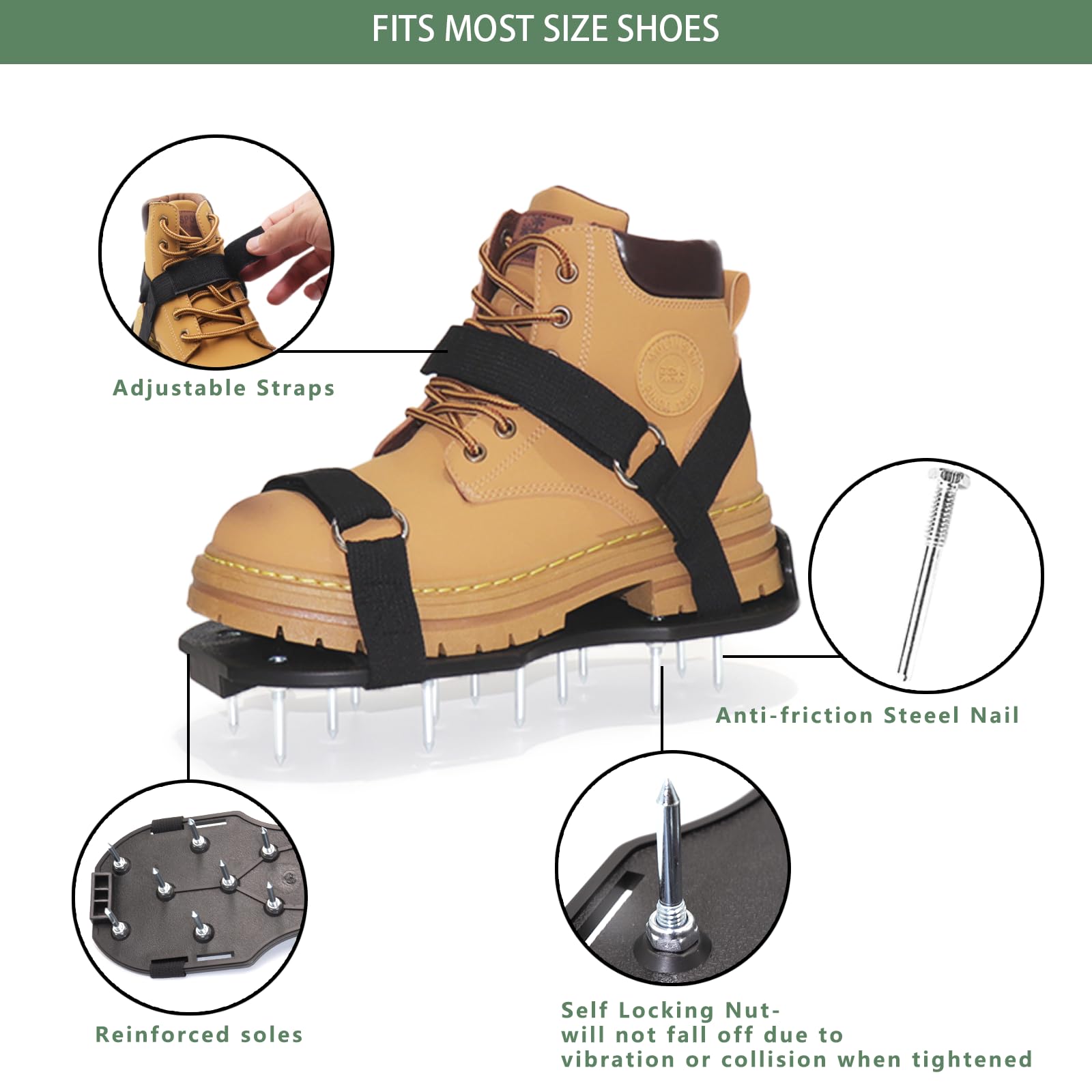 Chaussures aérateurs de pelouse pré-assemblées avec sangles réglables et pelle en acier inoxydable, chaussures à pointes robustes pour homme et femme pour pelouse, cour et jardin