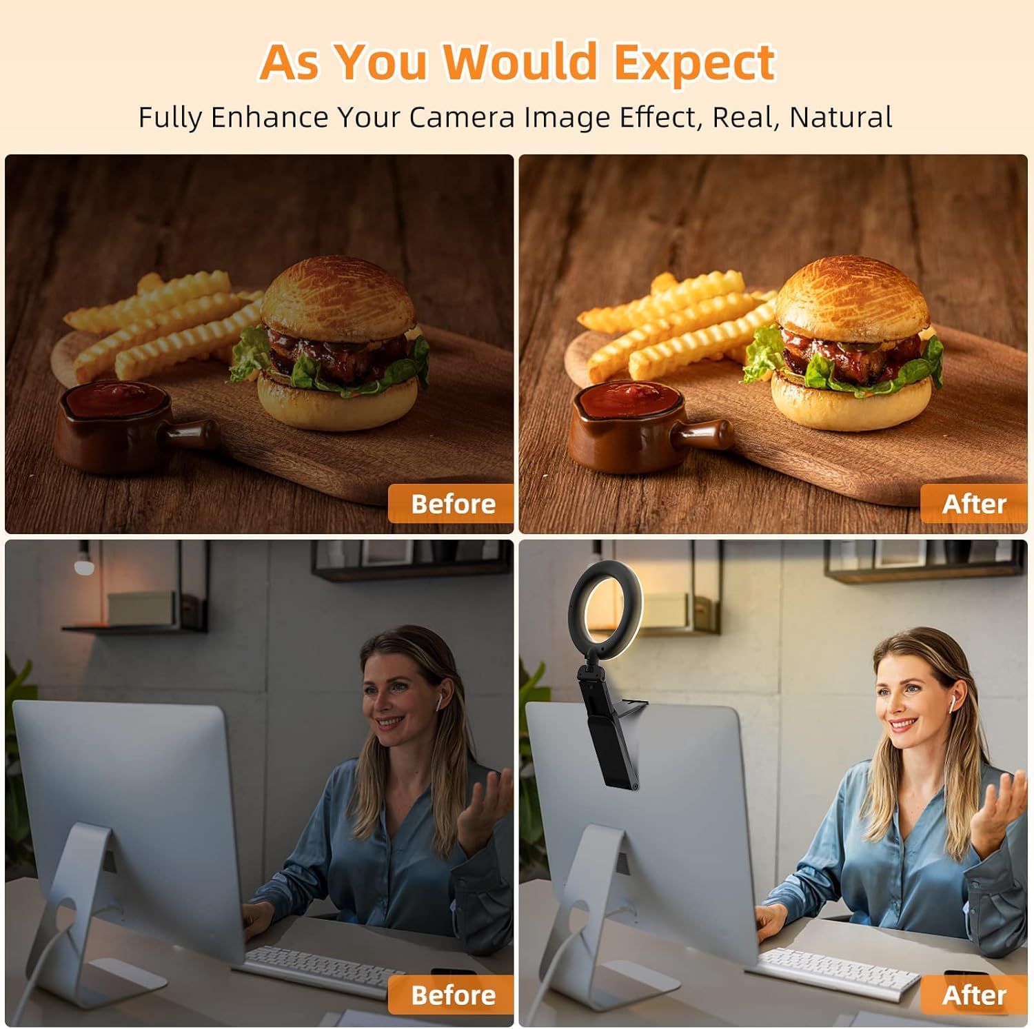 Before and after comparison of a person on a video call with and without the Evershop Ring Light