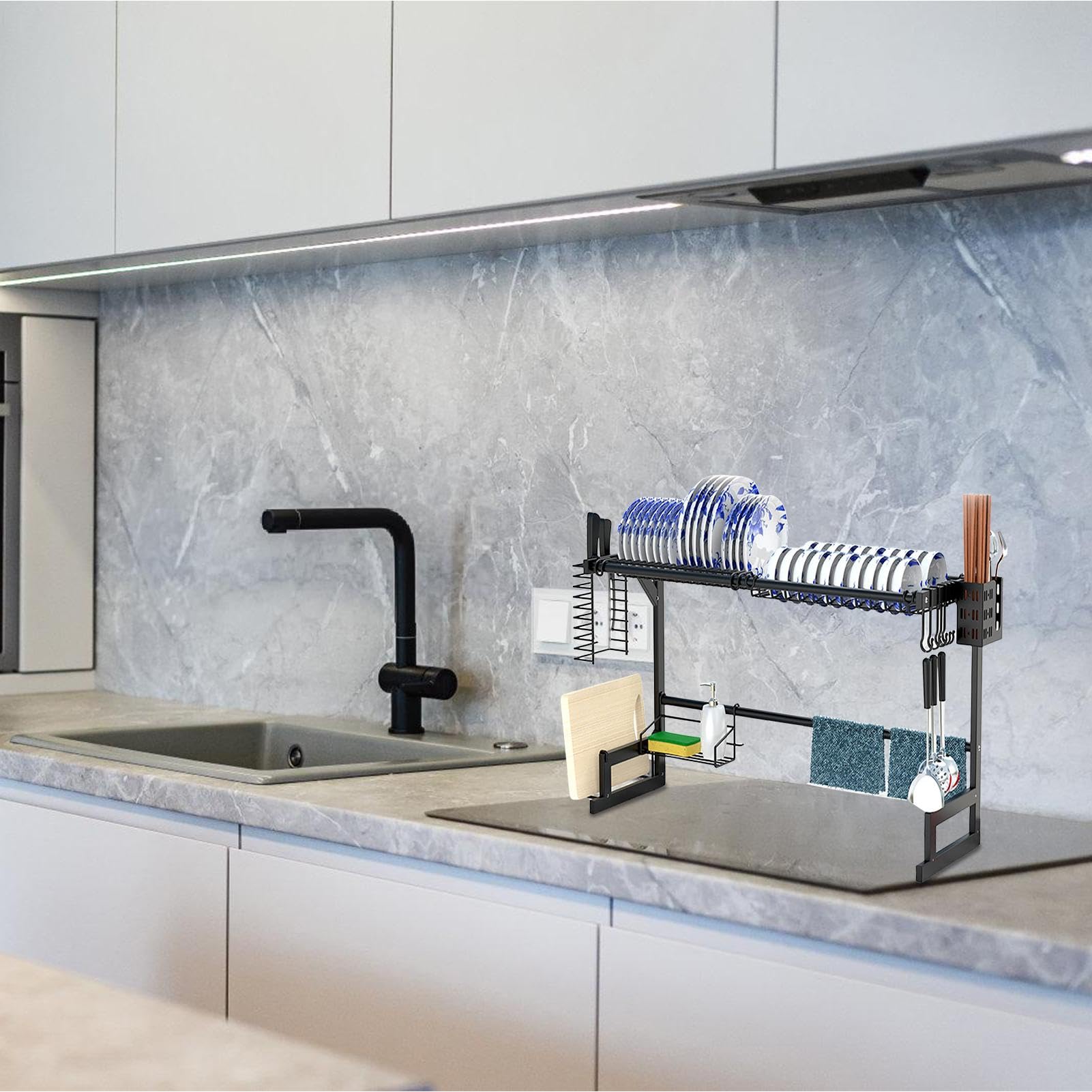 Escurridor de platos para fregadero, escurridor impermeable con ganchos, utensilio multifuncional con fregadero, soporte de secado compacto, escurridor de acero inoxidable para cocinas pequeñas | utensilio multifuncional con fregadero, soporte de secado c