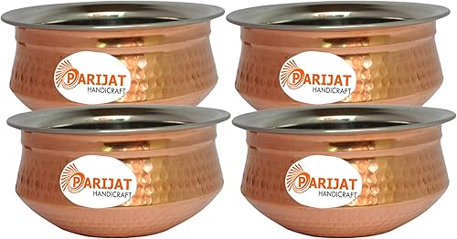 Miniatura 2 de PARIJAT HANDICRAFT Juego de cuencos de acero inoxidable de cobre, cuencos para servir cereales, sopas, alimentos cocinados para fiestas (4, 5