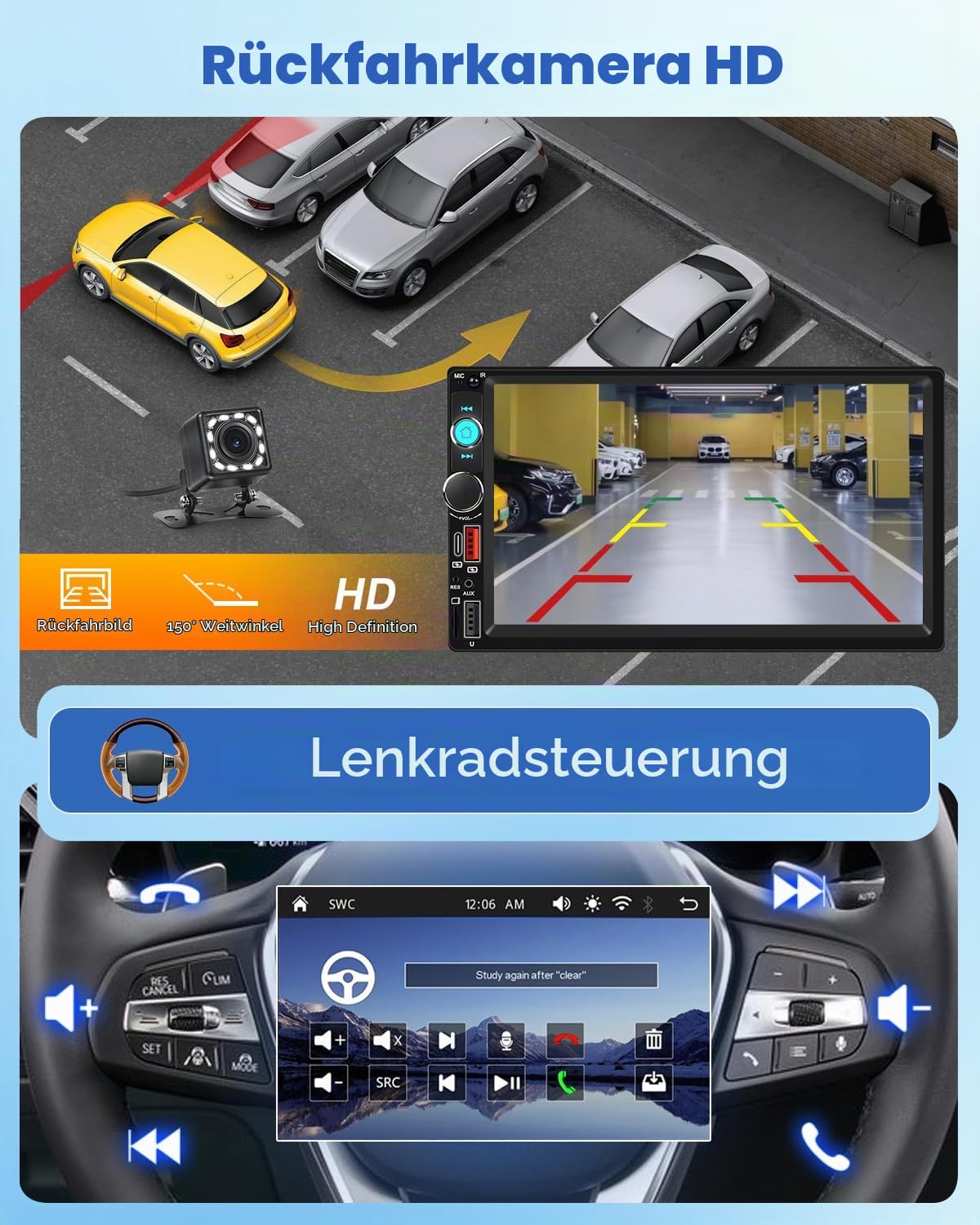NHOPEEW 2-DIN-7-Zoll-Autoradio mit kabellosem CarPlay und Android Auto – Doppel-DIN-Radio mit Lenkradsteuerung, FM, Online-Video, Zwei USB-Anschlüssen, AUX-Typ-C und Rückfahrkamera