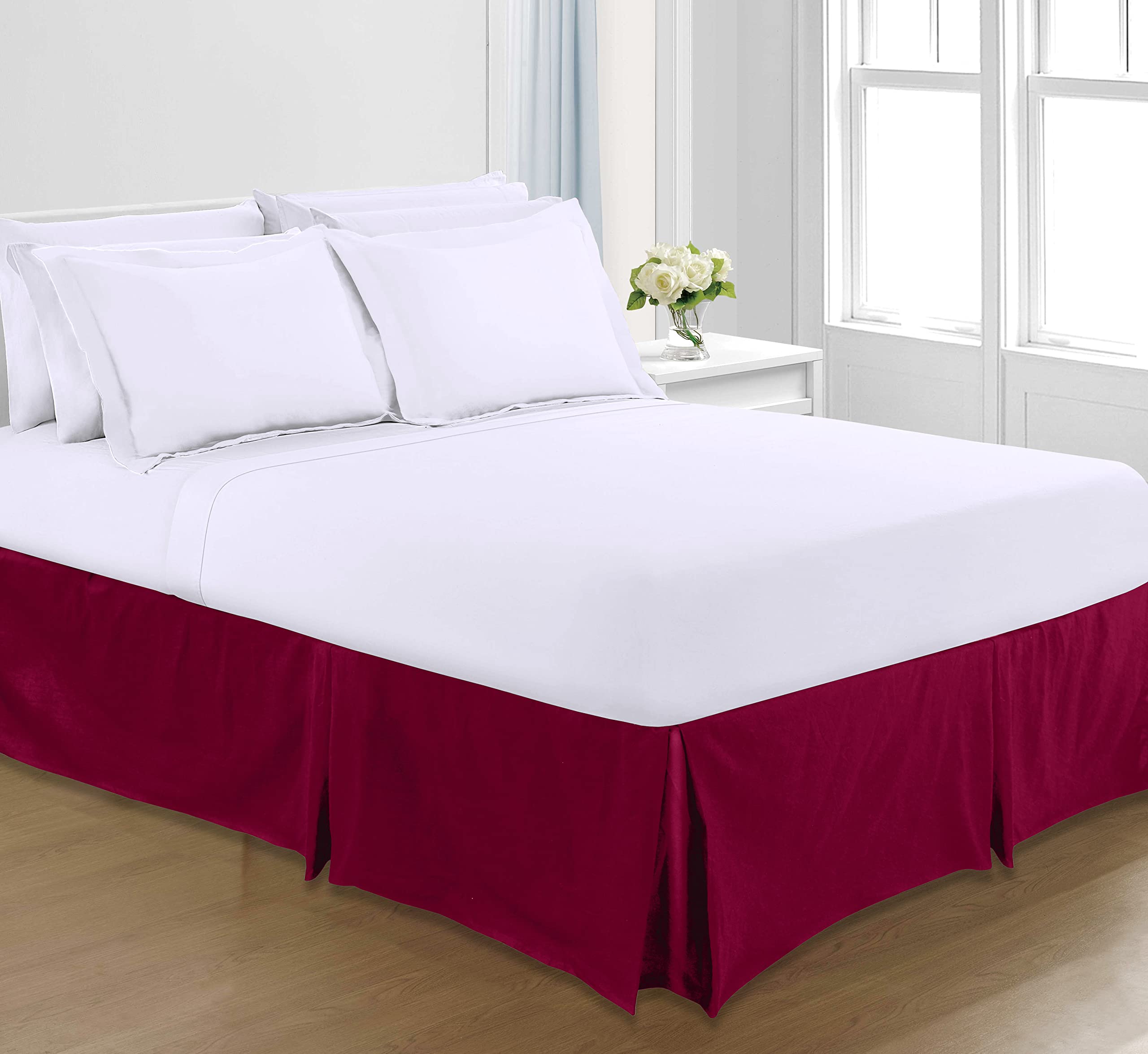 Sapphire Collection PLAIN DYED POLY COTTON PLEATED PLATFORM BASE VALANCE SHEETS (Double, Burgundy)