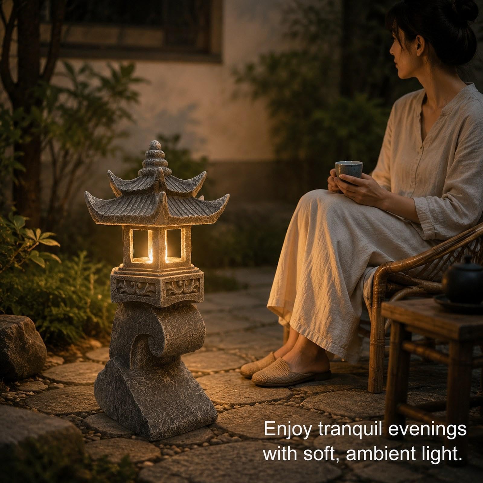 Estatua de Jardín, Linterna Solar, Escultura Tradicional China en Resina Resistente a La Intemperie, Ideal para, 15cm X 10cm X 32.5cm