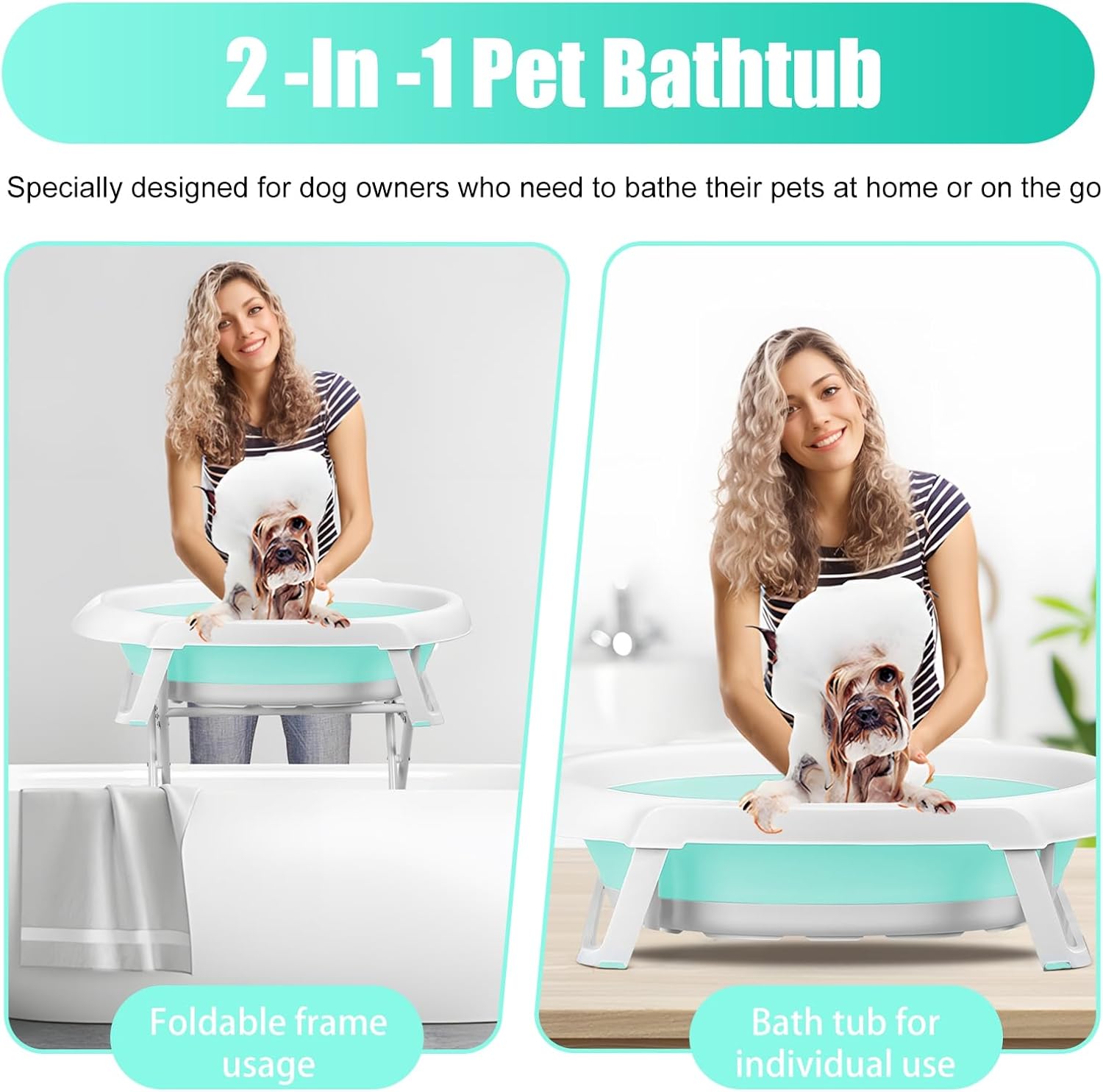 Elevated Dog Bath Tub, 2 in 1 Foldable Pet Washing Station, Portable Dog Grooming Tub with Stand Drain Storage Rack for Small Medium Dogs Cats Indoor Outdoor Blue
