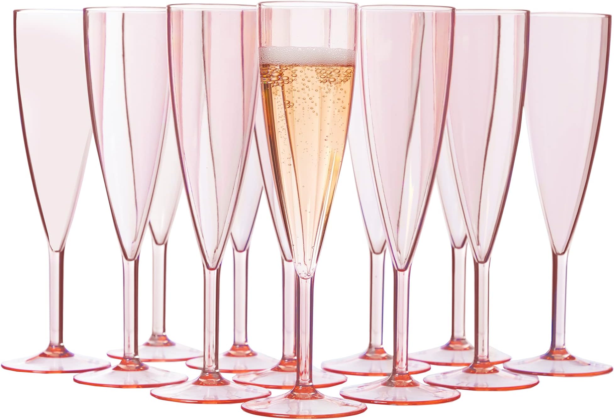 Plastic Reusable Champagne Flute (Set of 12) Rose Pink 5oz Stems | BPA-Free, Shatterproof, Made in USA | Top-Rack Dishwasher Safe